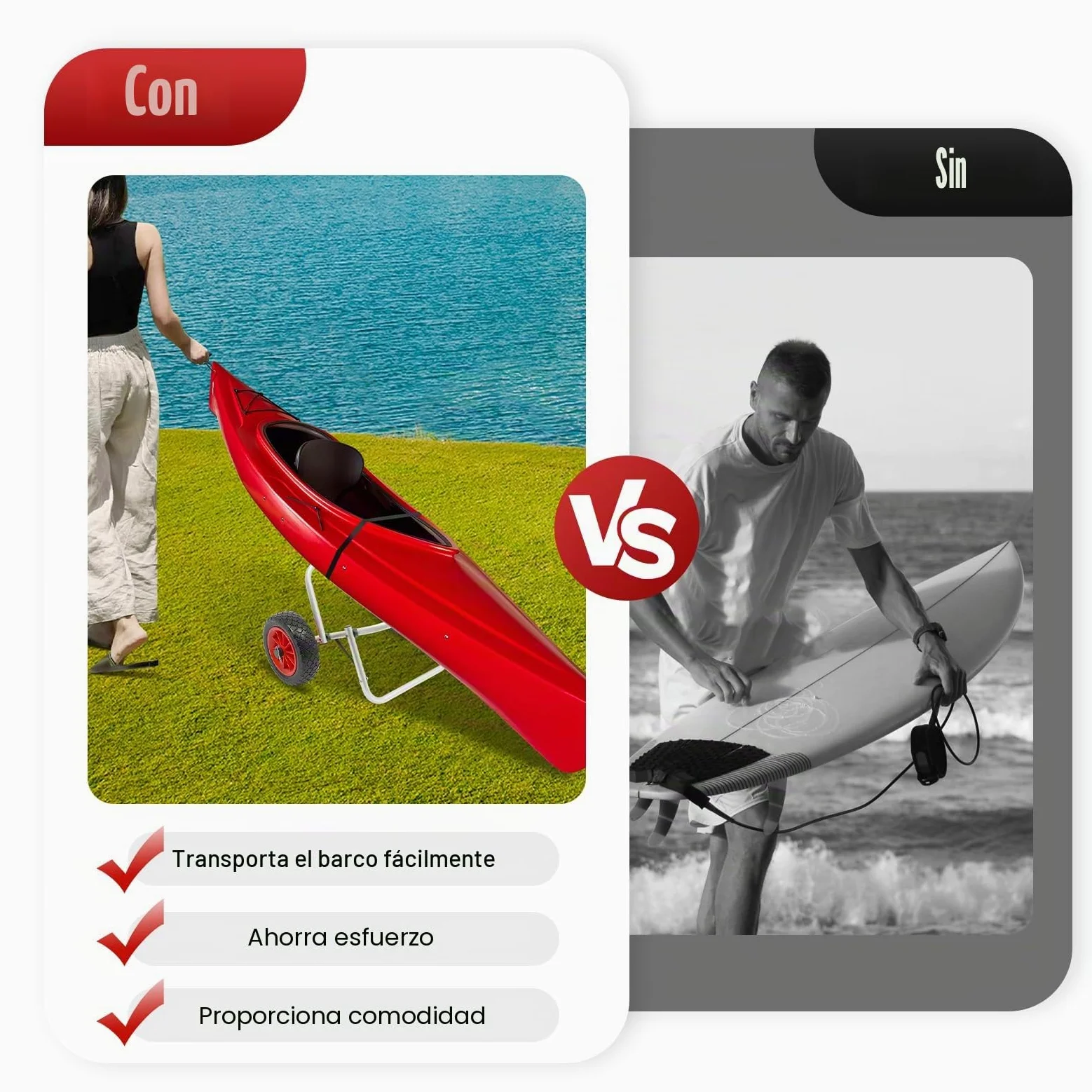 Carro de Kayak Plegable para Canoa, Carro Paddle Surf, Capacidad de Carga de 80 kg, Carro de Transporte de Aluminio para Tabla de Sup, Canoa y Barco, Ruedas de Poliuretano de 10 Pulgadas para