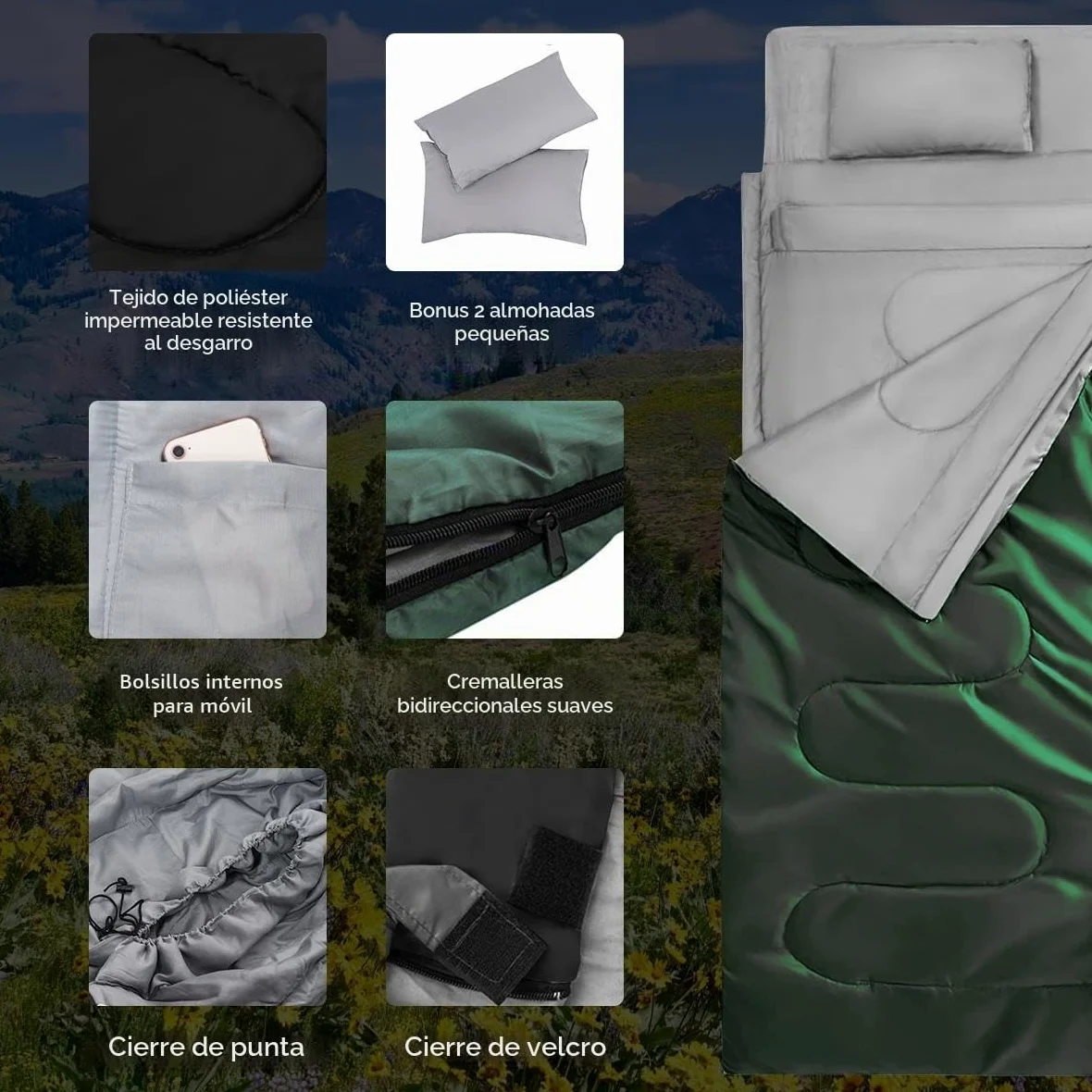 SOARS Saco de Dormir Doble para 2 Personas con 2 Almohadas y Bolsa de Transporte, Impermeable de Invierno para Adultos, para Camping al Aire Libre