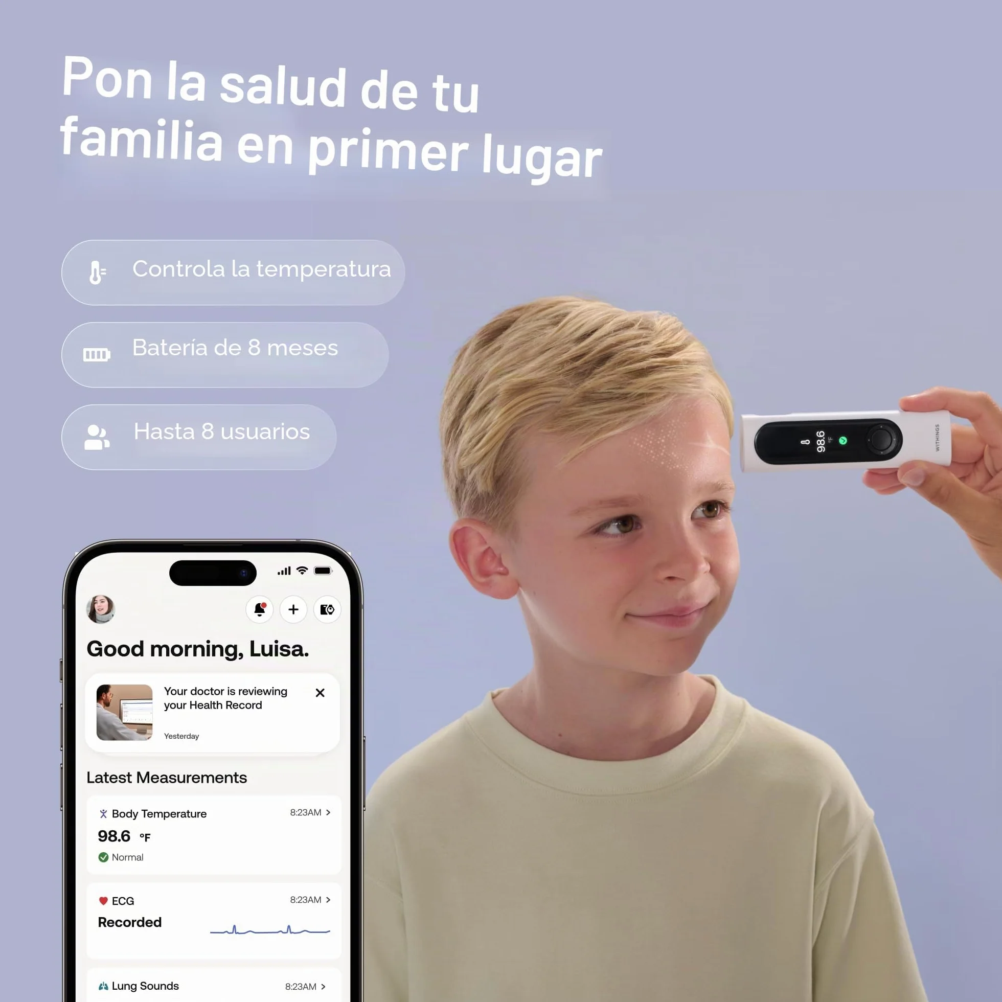 WITHINGS BeamO Termómetro Digital Inteligente sin Contacto MultiScan 4 en 1 Monitor ECG Oxímetro de Pulso Estetoscopio Digital
