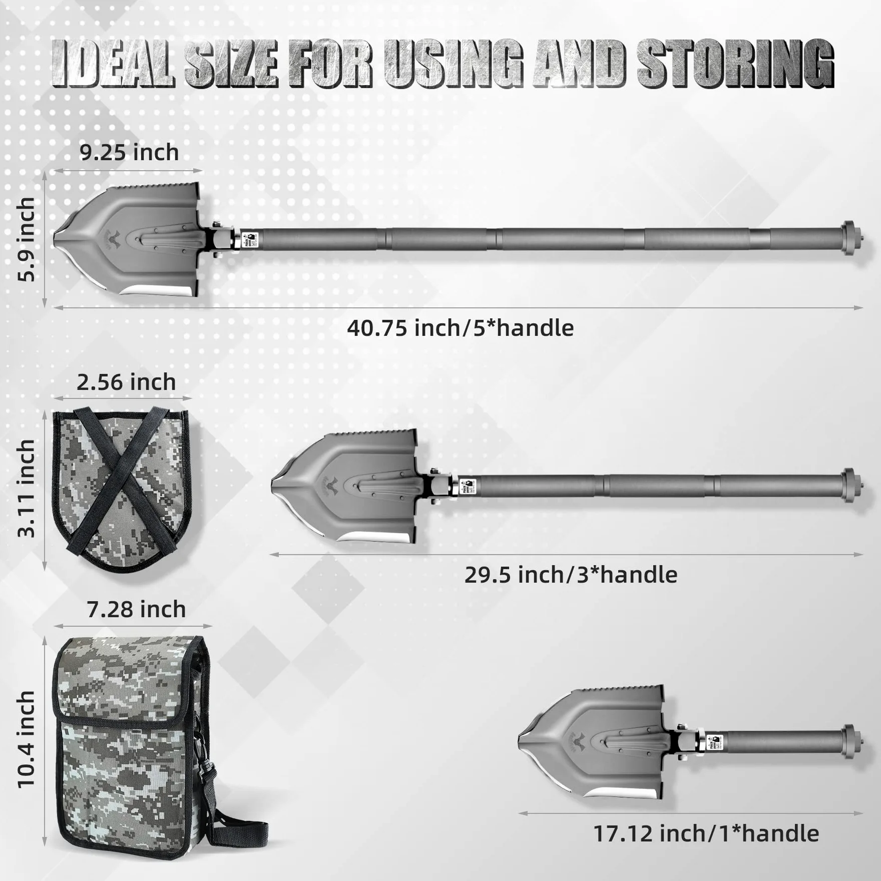 Zune Lotoo Pala Plegable, Pala Camping Multifuncional de Acero al Carbono, Pala Multiusos Portátil 18 en 1 con 3 Ángulos Ajustables para Camping, Senderismo, Jardín, al Aire Libre, Annihilate F1
