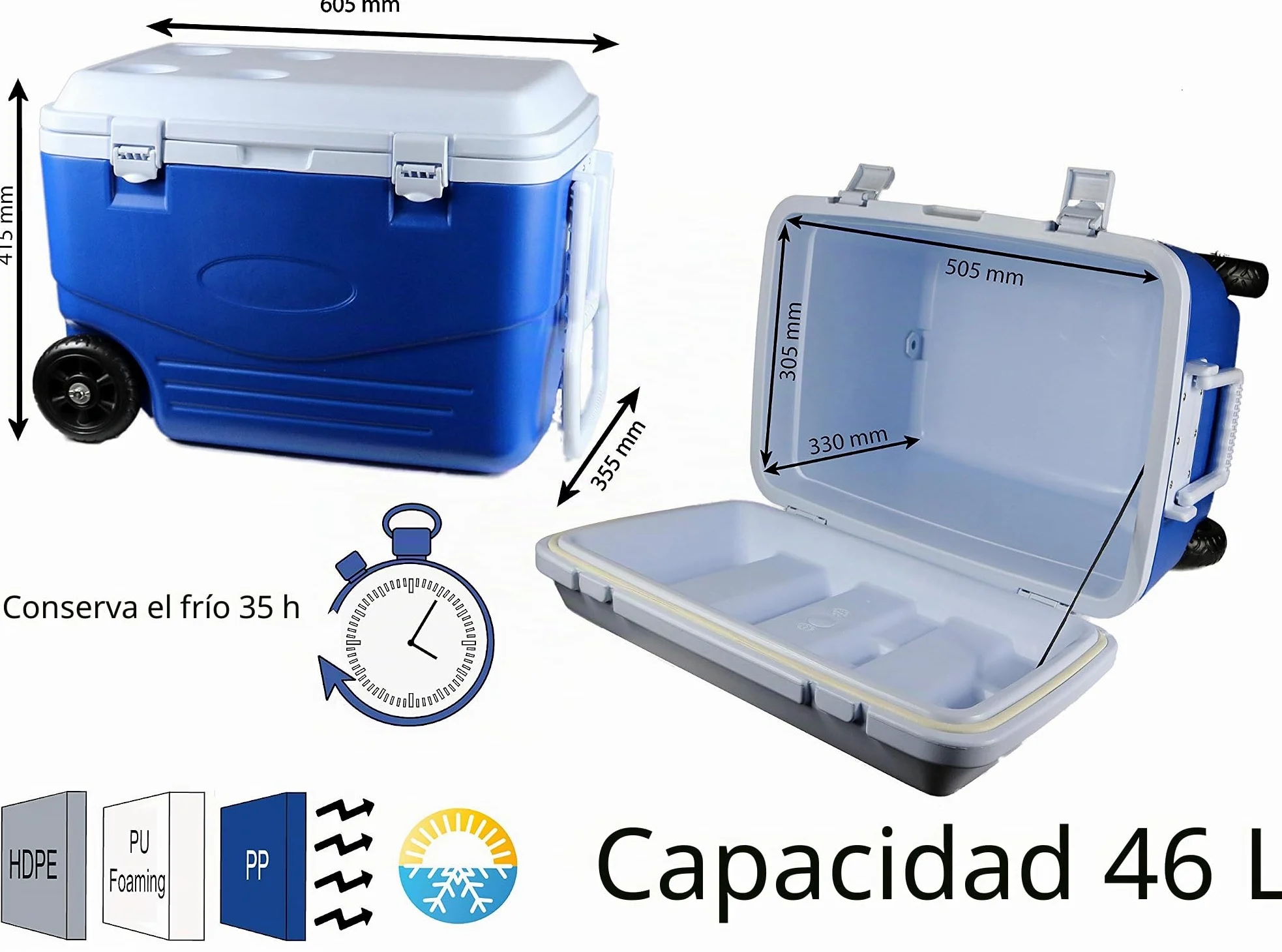 Refrigerador rígido 46 litros, 60,5 x 35,5 x 41,5 cm, Azul/Blanco