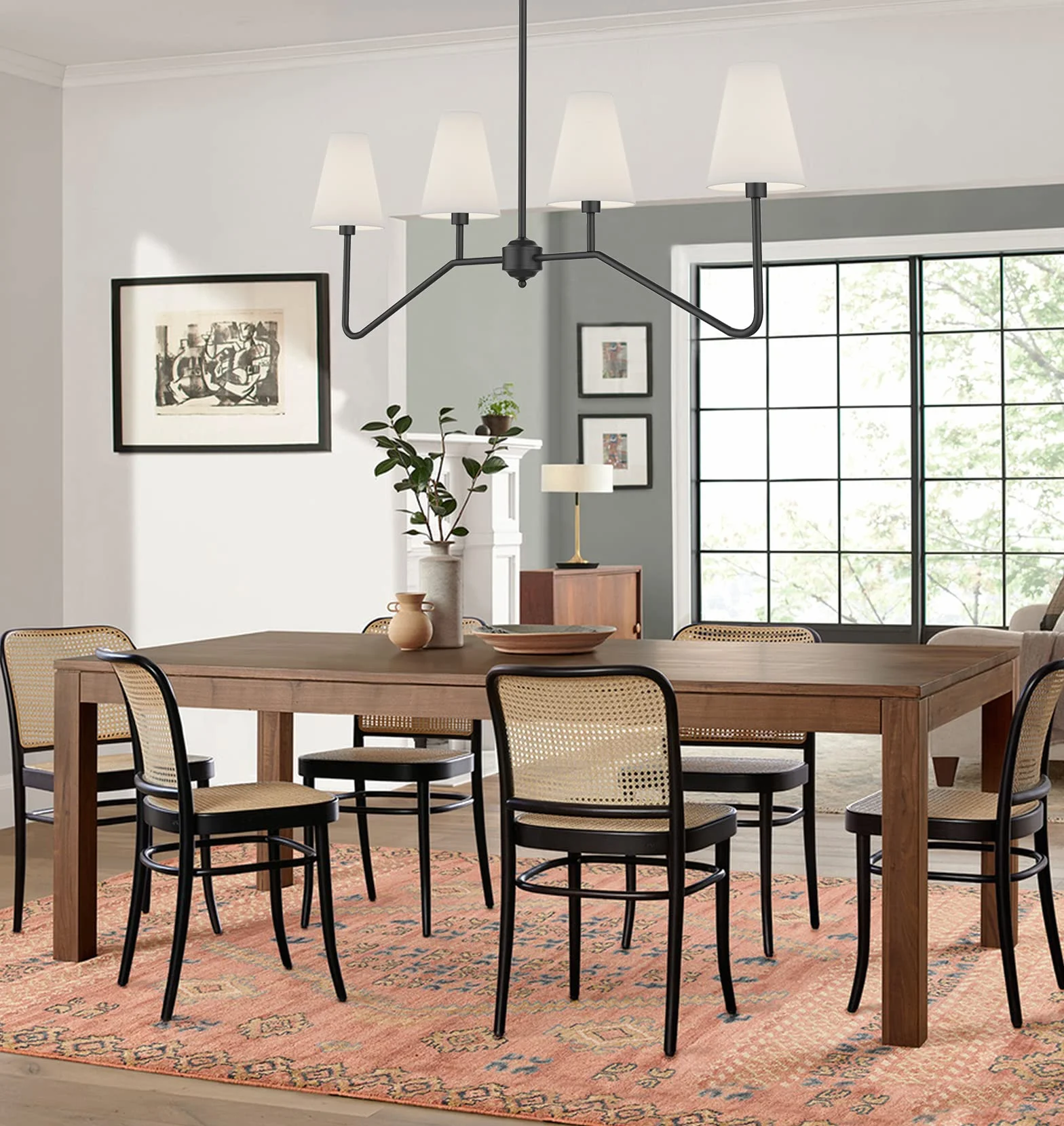 47" W 4-Light Linear Kitchen Island Lighting Fixture Classic Chandelier Matt Black White Linen Shades 160W
