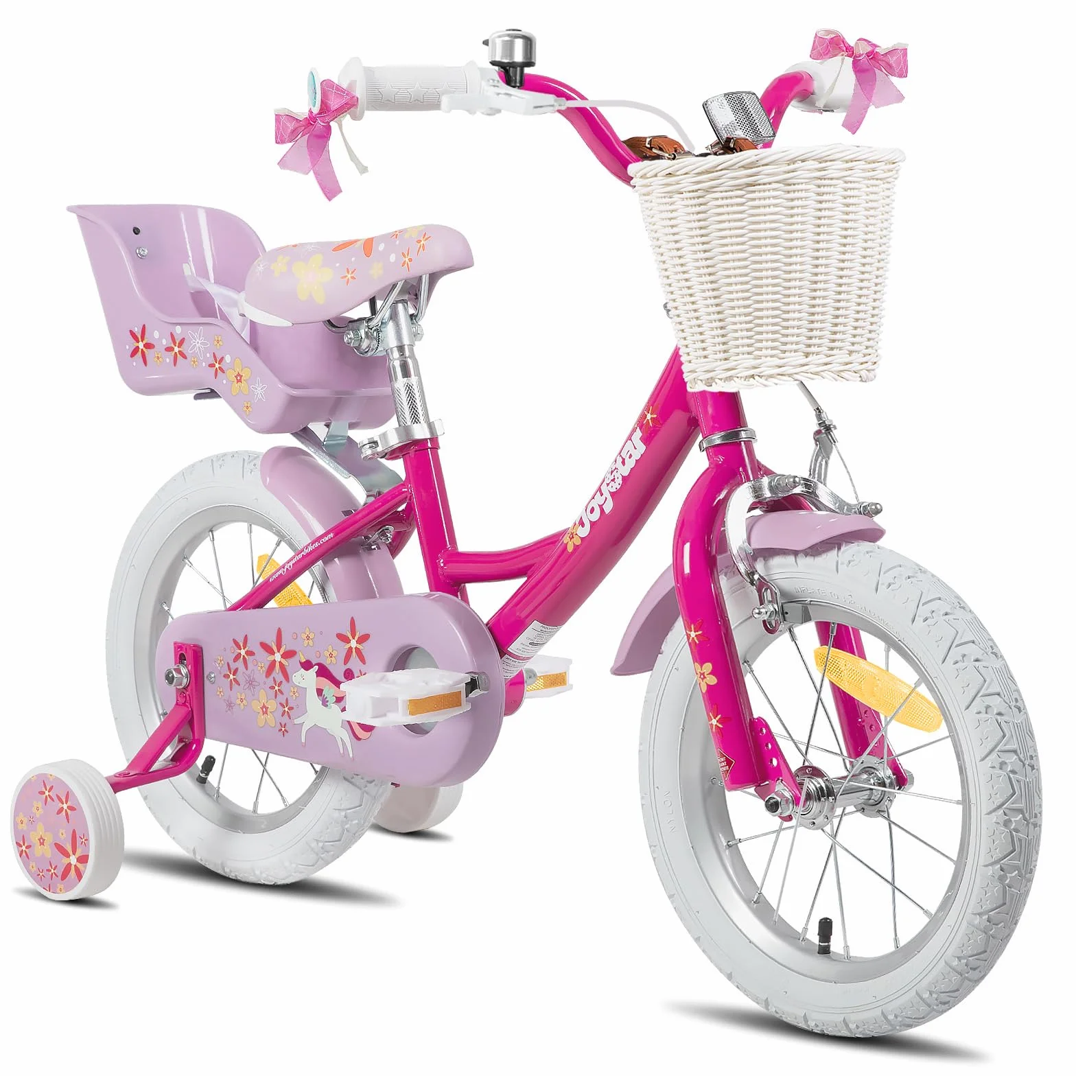 JOYSTAR Bicicleta Unicornio 12/14/16/18 Pulgadas para Niñas de 2-9 años, Bicicleta Infantil con Asiento de Muñeca y Ruedas Estabilizadoras y Cesta