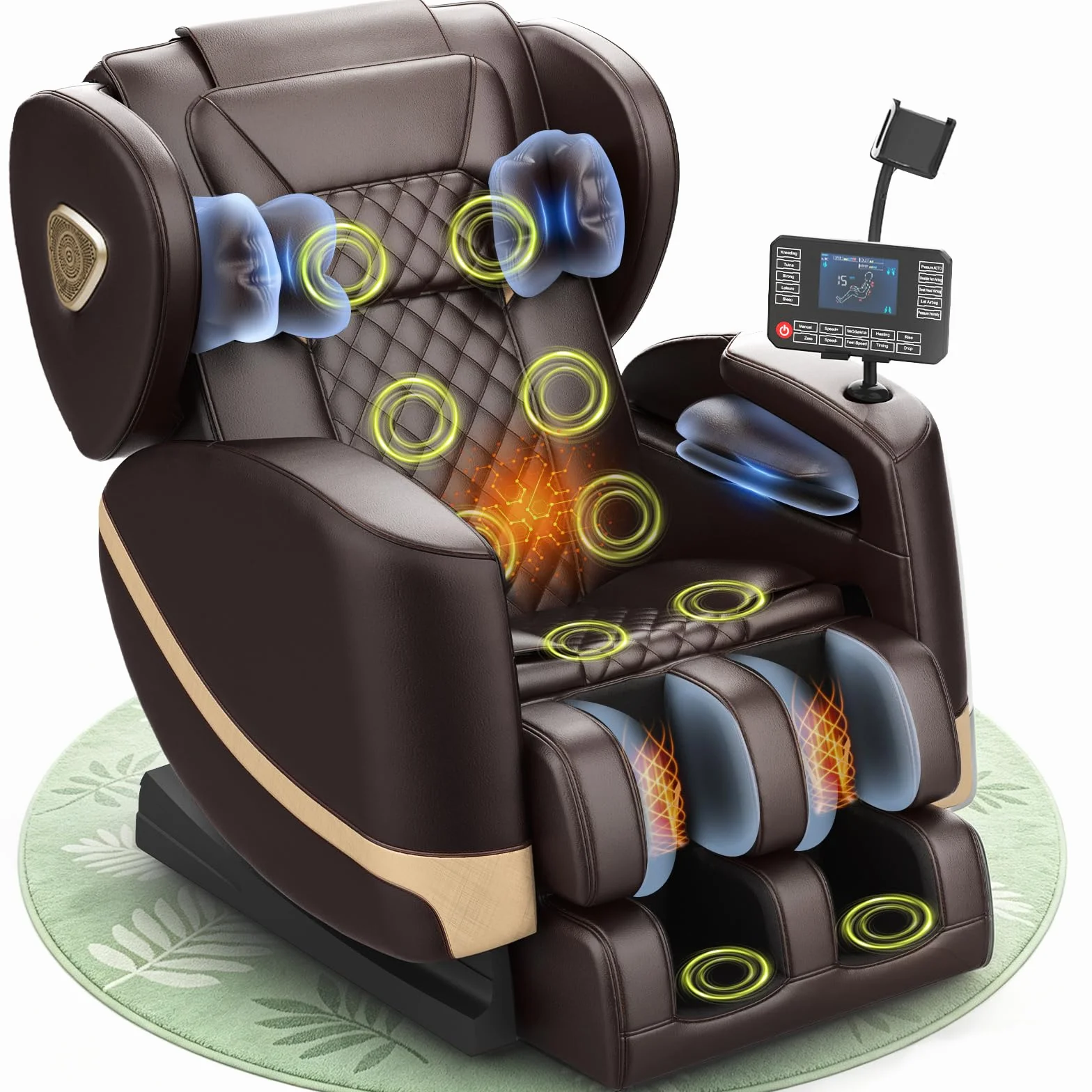Sillón de Masaje con Gravedad Cero, 14 Ruedas, 8 Airbags, Calefacción, Bluetooth y Pantalla Táctil (Marrón)