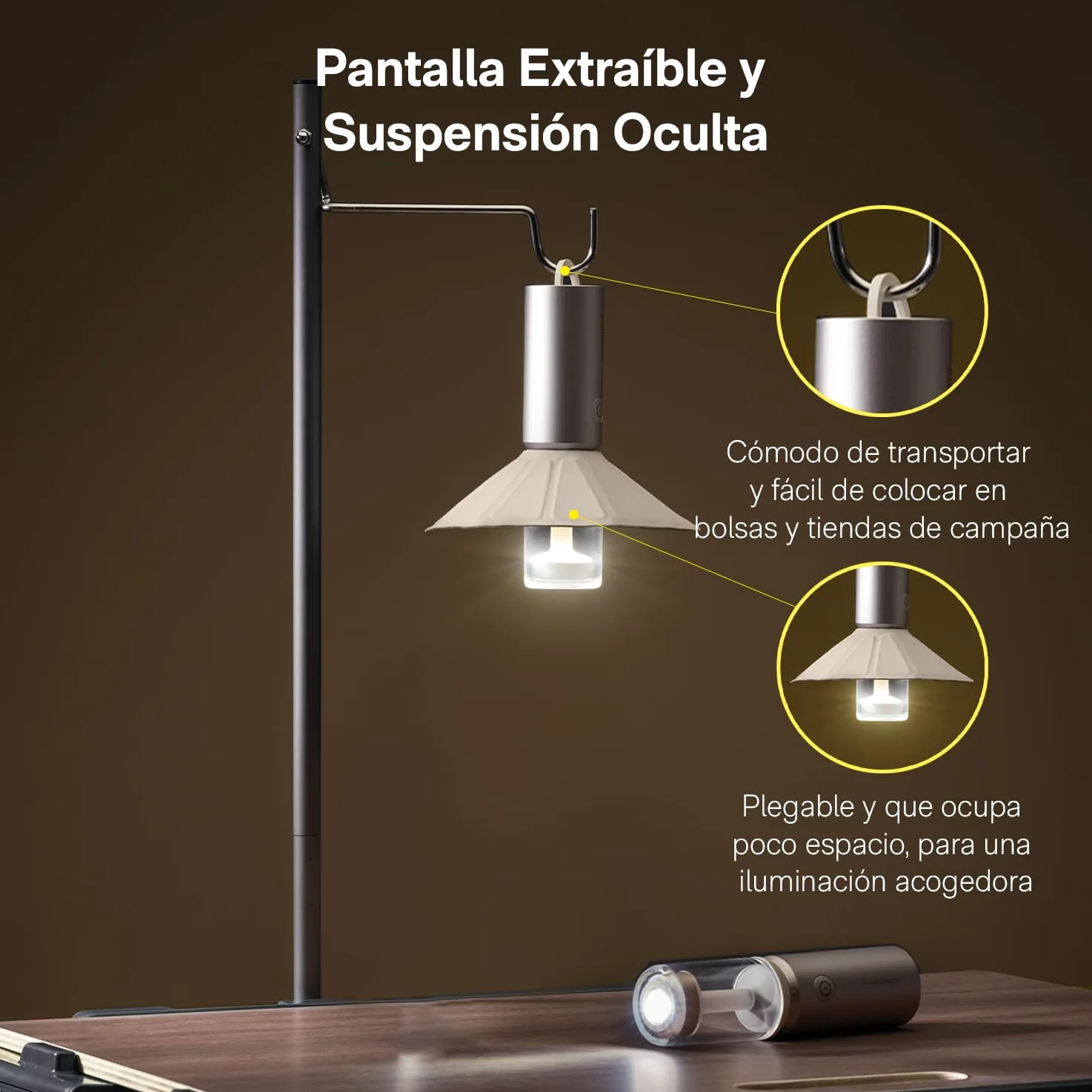 HOTO Linterna de Camping, Recargable por USB-C, Pantalla Desmontable | 8~50h, 3100 mAh, 3 Modos, 180 Lúmenes, IPX6, Adecuada para Acampar, Senderismo, Montañismo, Uso Doméstico