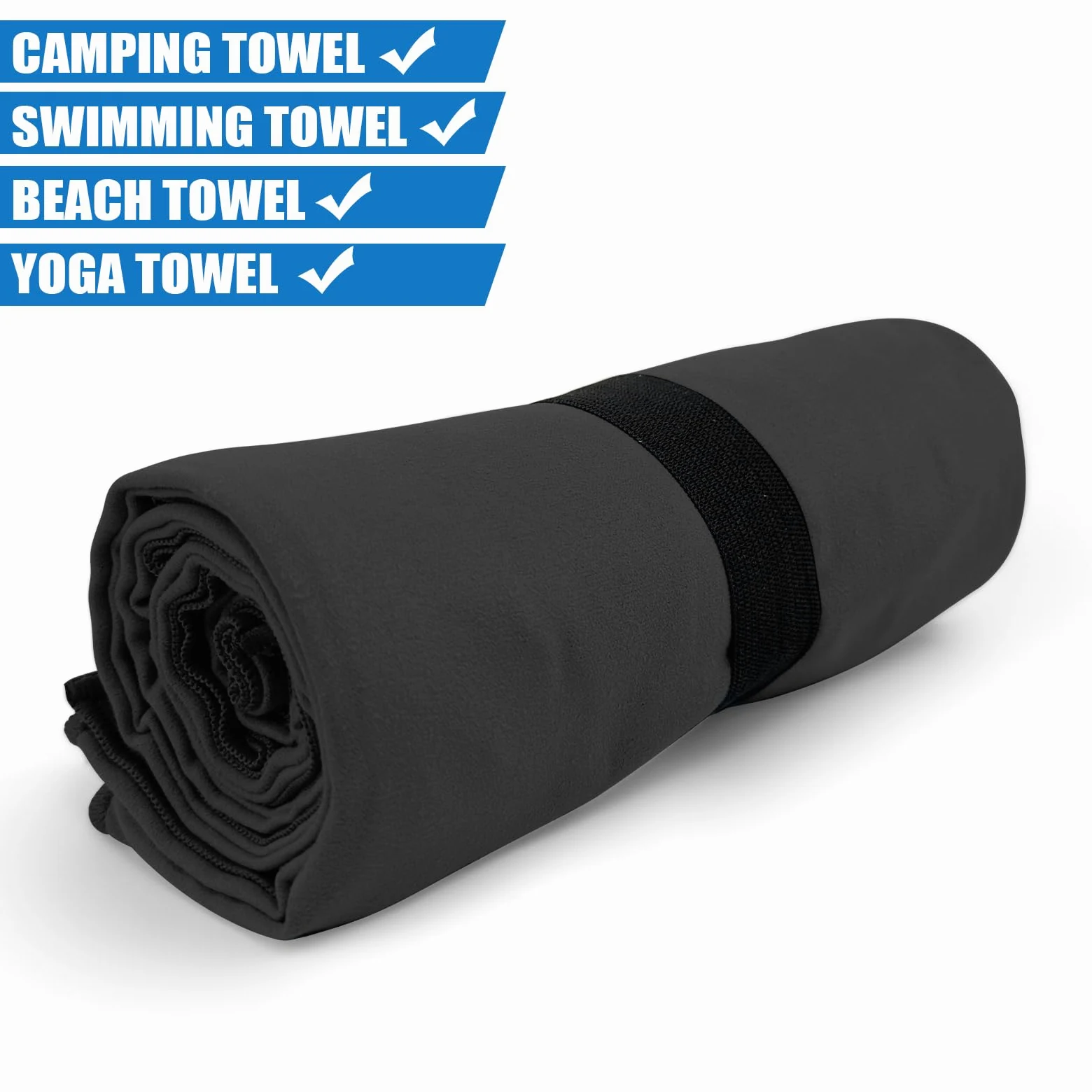 Toalla de microfibra de secado rápido para acampar, senderismo, playa, piscina, viajes, toallas corporales (negro, 1 paquete XL)