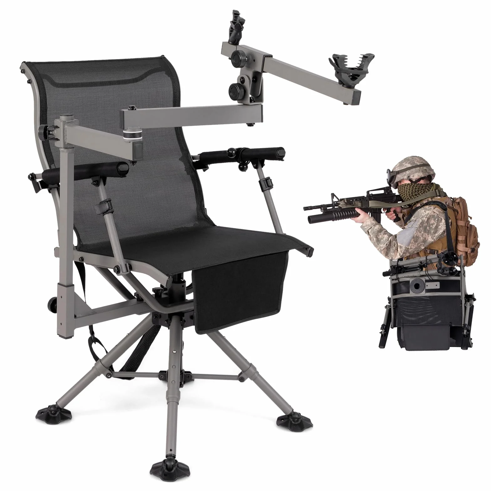 GOPLUS Silla de Caza Giratoria de 360°, Silla Portátil con Soporte de Rifle Ajustable, Reposabrazos y Altura Regulables, Sillas Ergonómica con Respaldo y Tela Transpirable para Caza, Pesca y Camping