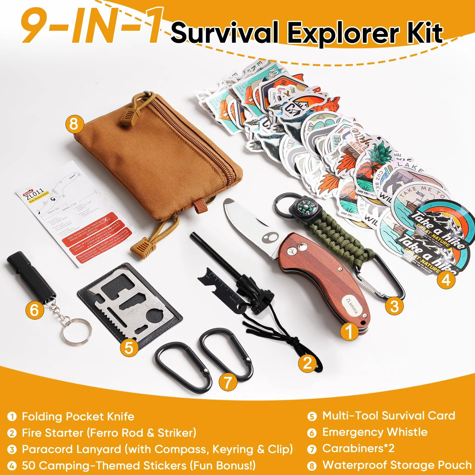 Kit de supervivencia para niños al aire libre con navaja, multiherramienta, brújula, cuerda paracord y bolsa impermeable