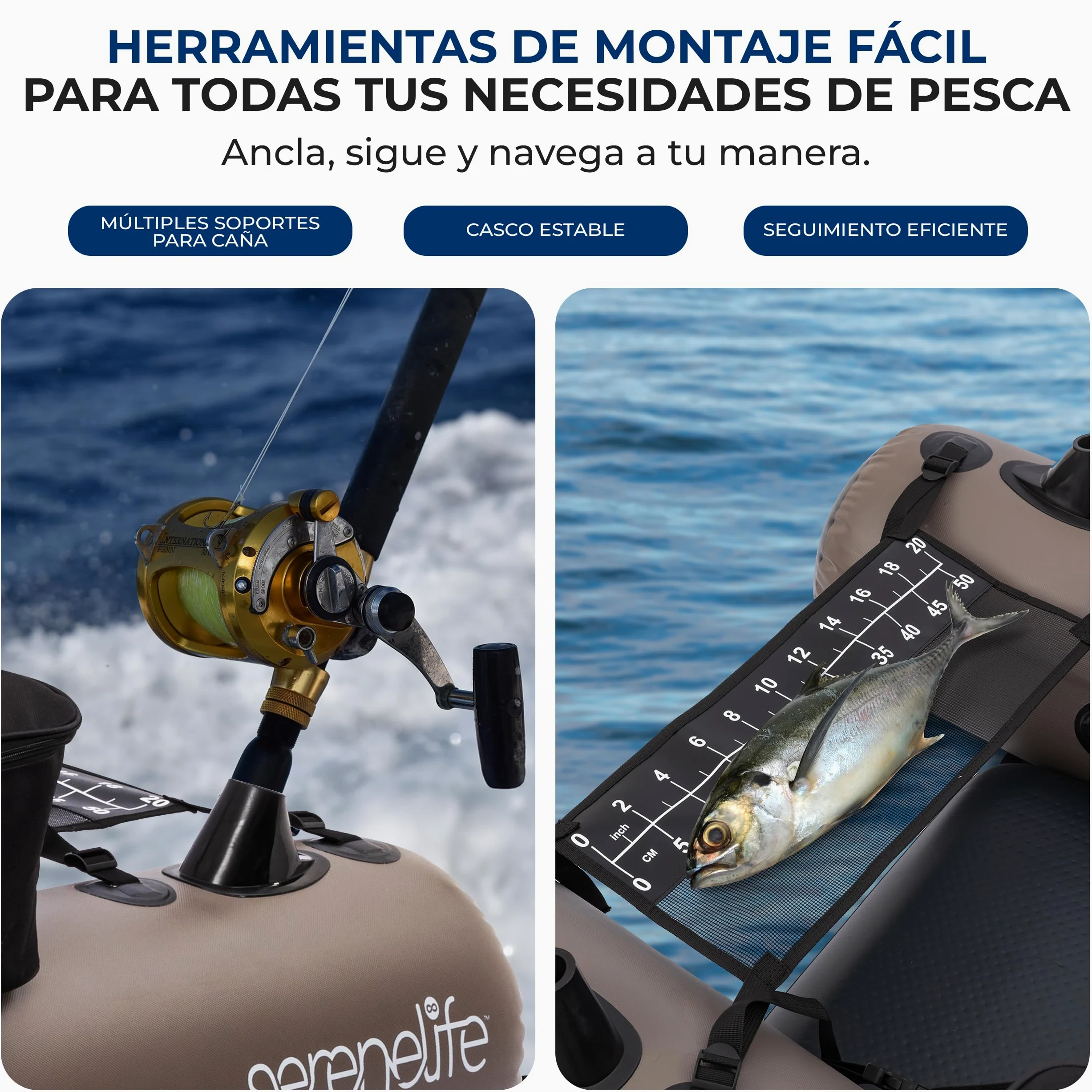 SereneLife Barca Hinchable de Pesca, Asiento Ajustable, Respaldo, con Bolsa de Transporte y Kit de Reparacion