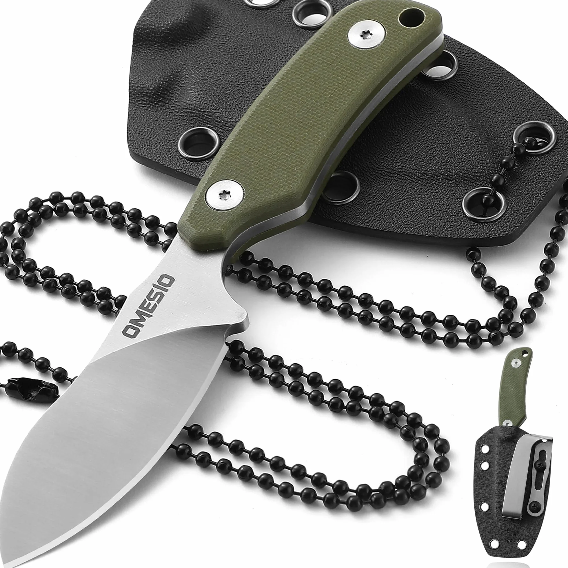Omesio EDC Couteaux - Cuchillo de Cuello con funda Kydex, Cuchillo de Cuello Acero fijo pequeño D2 Full Tang Mango G10 Punta Nessmuk