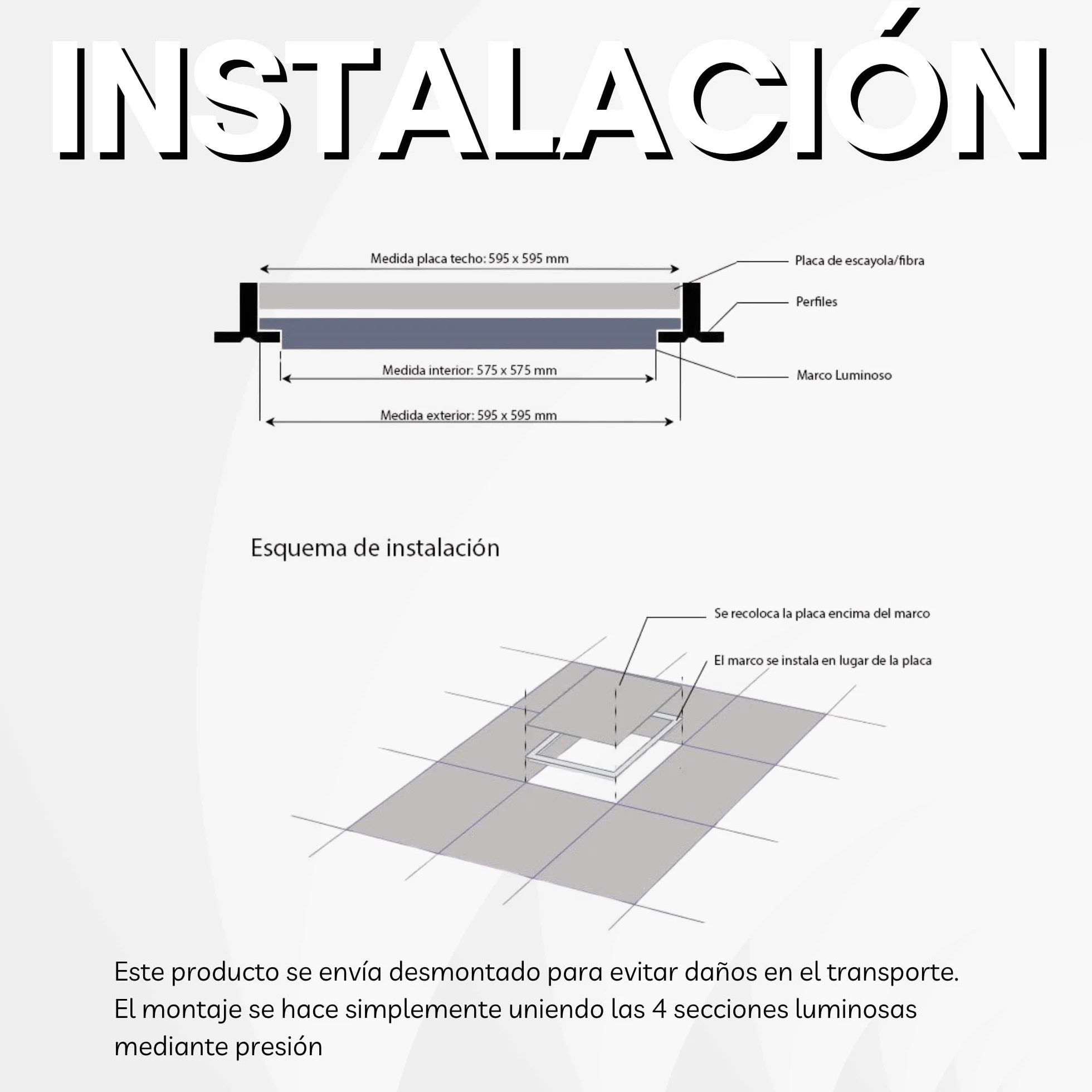 Panel Marco luminoso LED 60x60 48W Desmontable Luz Neutra 4000K para techo técnico