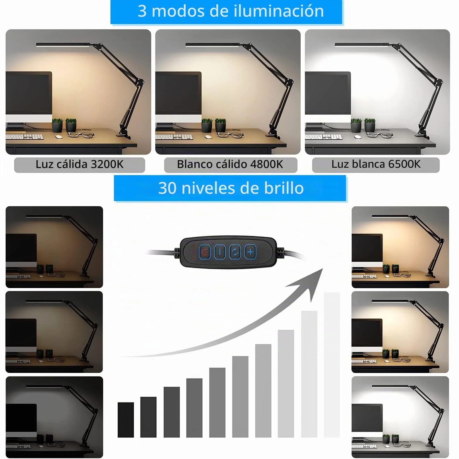 SKYLEO Lámpara Escritorio LED Flexo con Clip, Protección Ocular, 3 Modos de Luz, 10 Niveles de Brillo, Negro