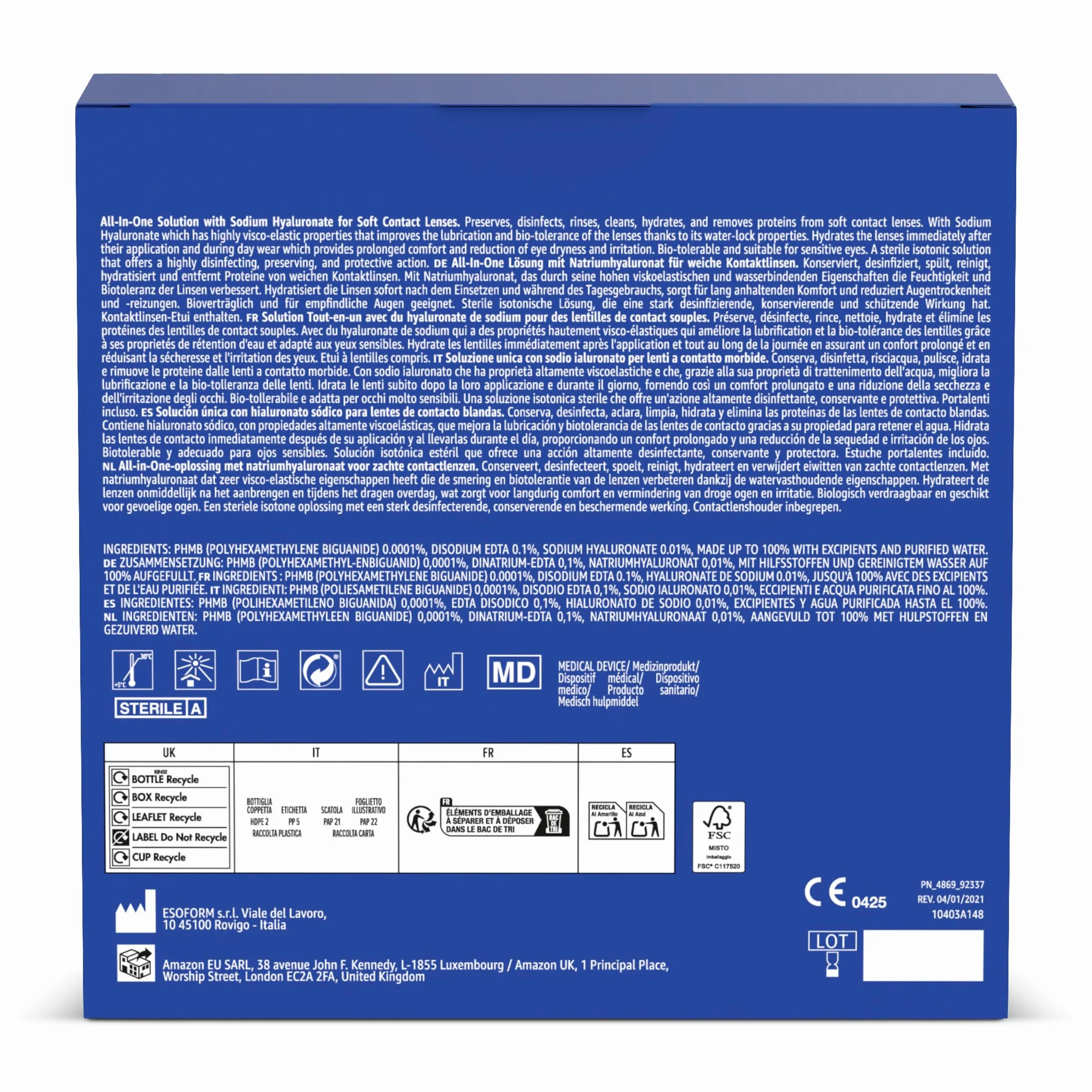 Amazon Solución única hialuronato sódico lentes de contacto blandas 3 x 360ml