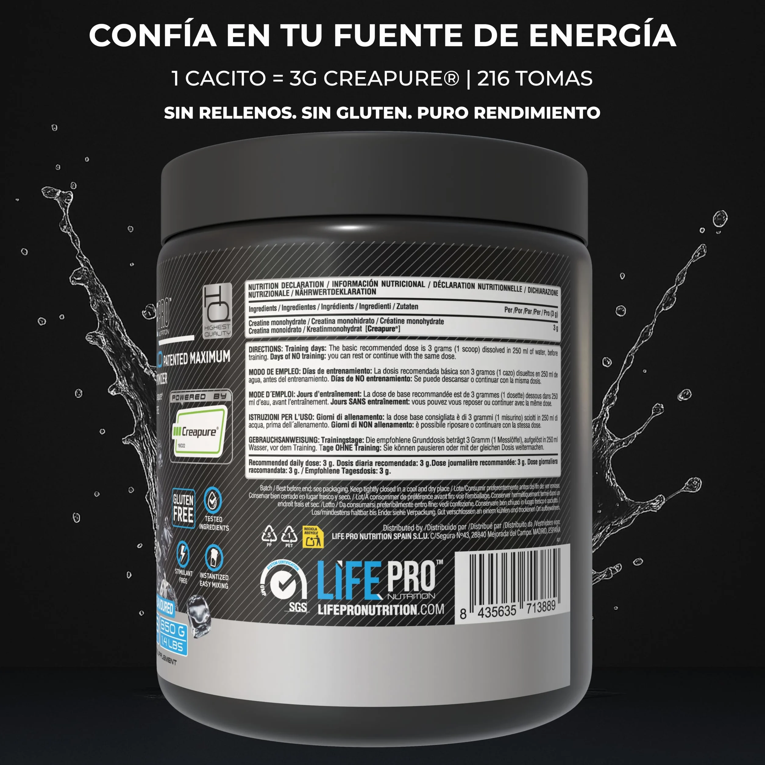 Creatina Monohidratada Creapure Life Pro Micronizada Pura 650g Sin Gluten Fuerza Energía Recuperación Muscular Calidad Alemana