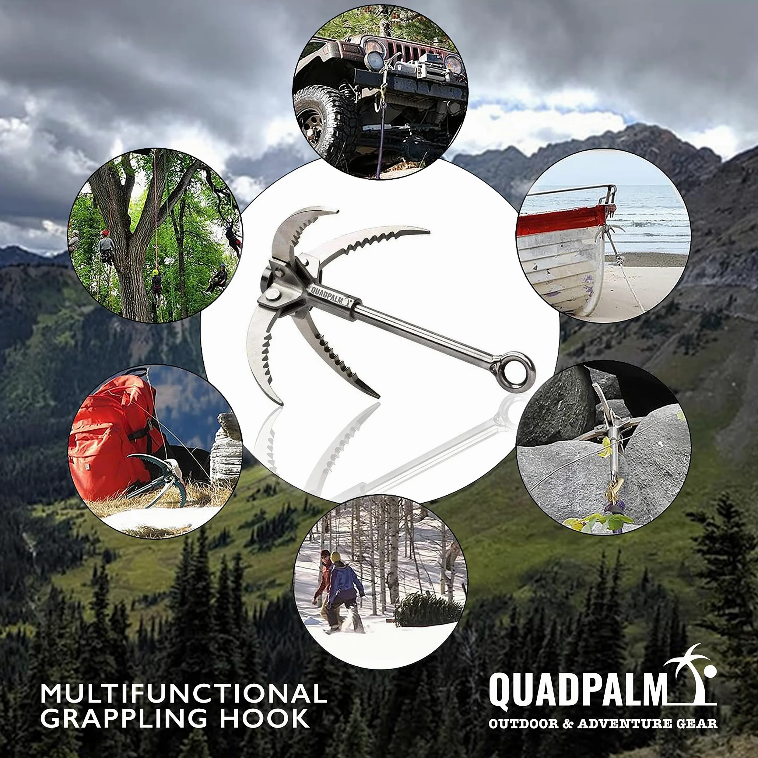 Grappling Hook with 10m Rope – Multifunctional QUADPALM Grapple Hook - 4 Stainless Steel Folding Claws - Heavy Duty - Outdoor Camping Hiking Tree Rock Mountain Climbing Equipment
