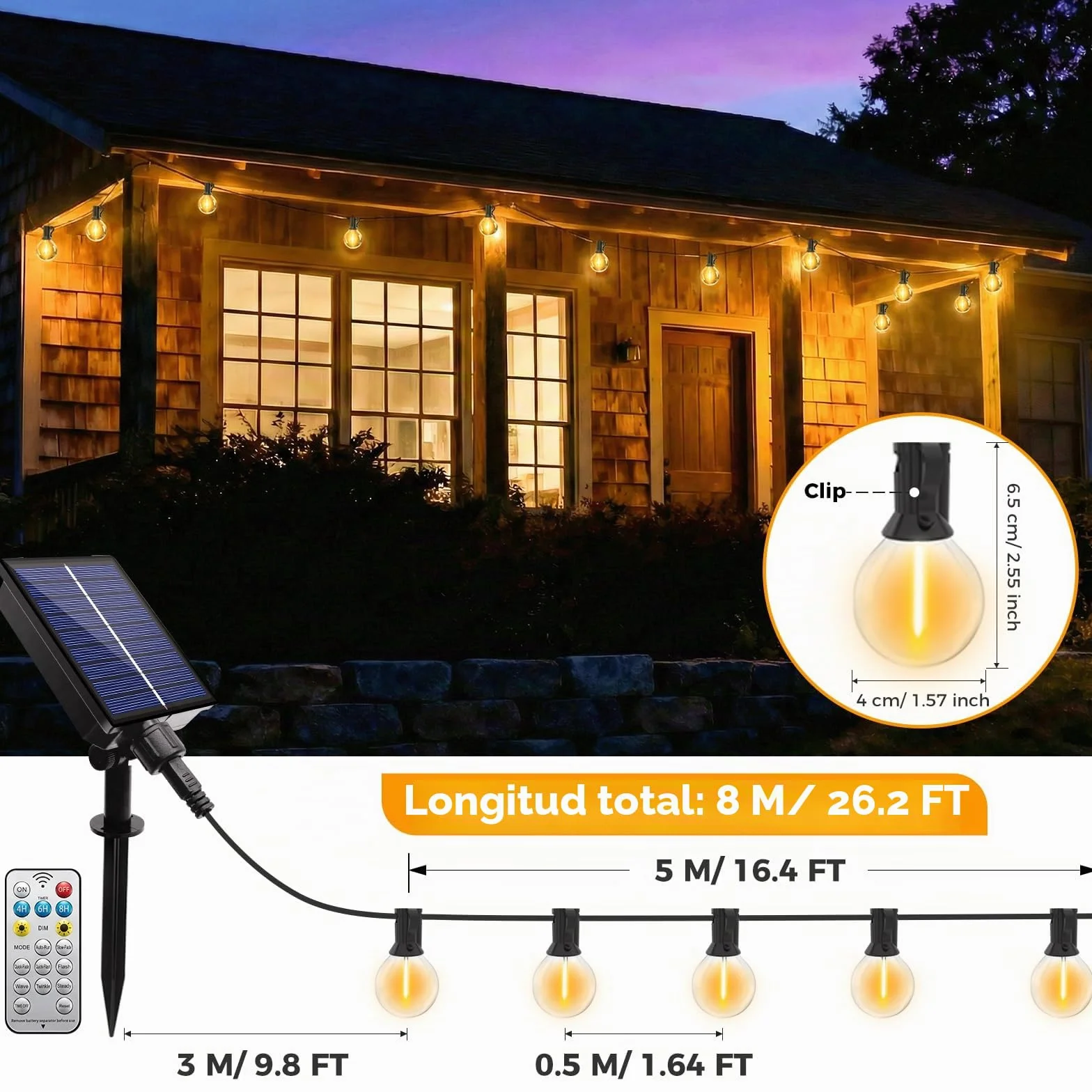 btfarm Guirnaldas Luces Exterior Solar Mando a Distancia 5M 10+1 G40 Bombillas LED Impermeable 8 Modos Blanco Cálido