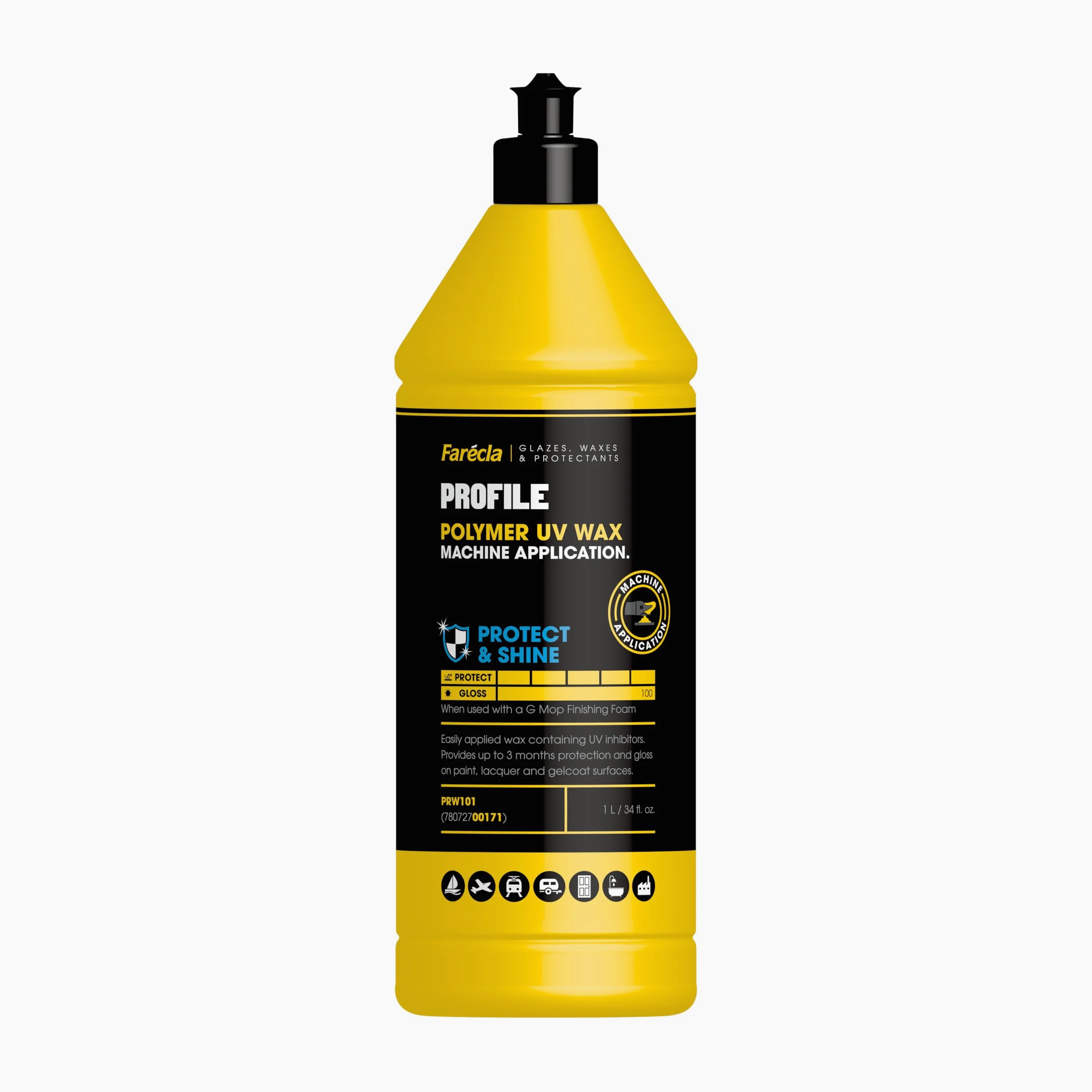 Farécla Profile Polymer UV Wax 1L (PRW101) - Cera polimérica para superficies marinas e industriales, protección UV, aplicación a máquina o pulverización, alto brillo, resistente al agua, hasta 3
