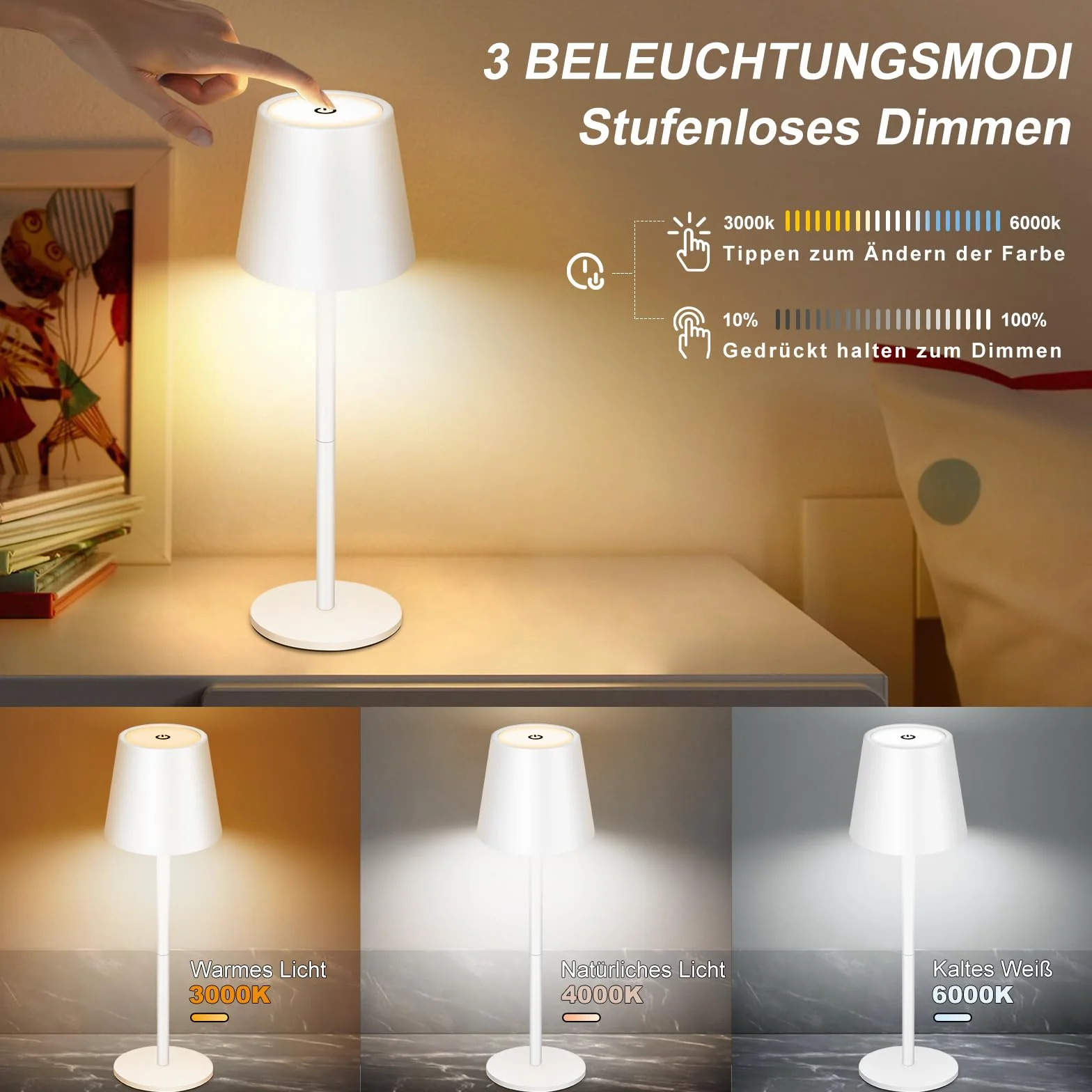 Lámparas LED de Mesa Inalámbrica con Batería 5000mAh USB-C 3 Temperaturas de Color Ajuste Táctil IP54 Resistente al Agua