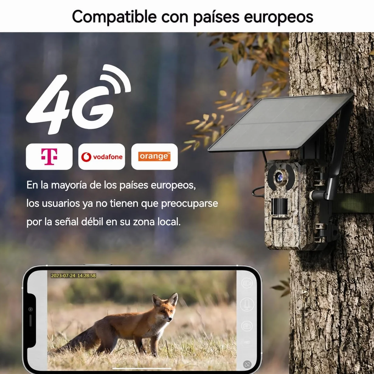 4G LTE Cámara de Caza Solar con Tarjeta SIM, Cámara Fototrampeo sin WiFi, 10400 mAh Batería, Visión Nocturna 950nm Infrarrojos Invisible, Audio de 2 vías, 0,2s Activación, IP66 Impermeable