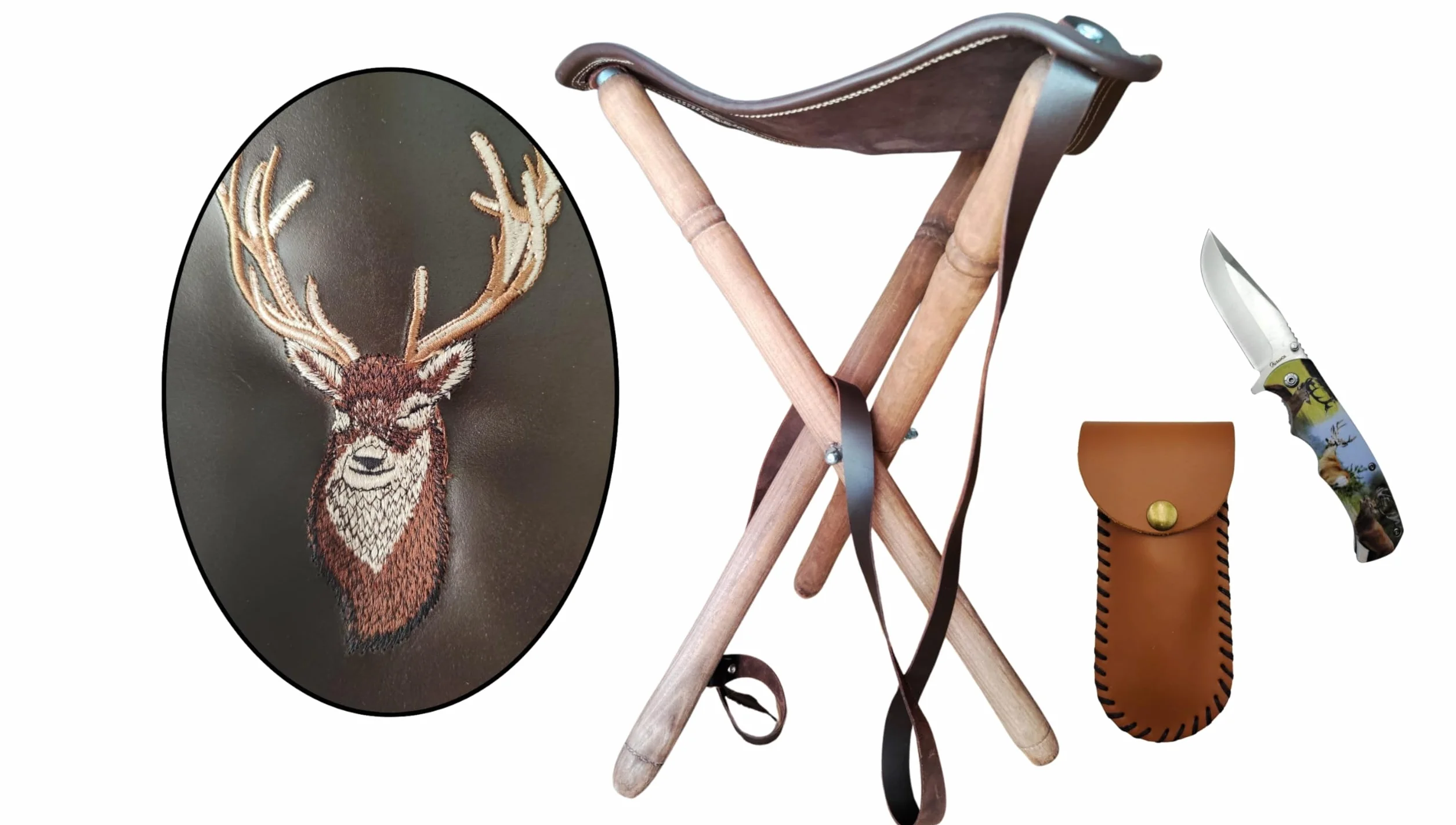 Taburete Trípode de Caza de Piel – Asiento Plegable de Cuero con Correa – Patas de Madera – Compacto para Montería, Rececho, Pesca y Camping. Pin de Jabalí Incluido.