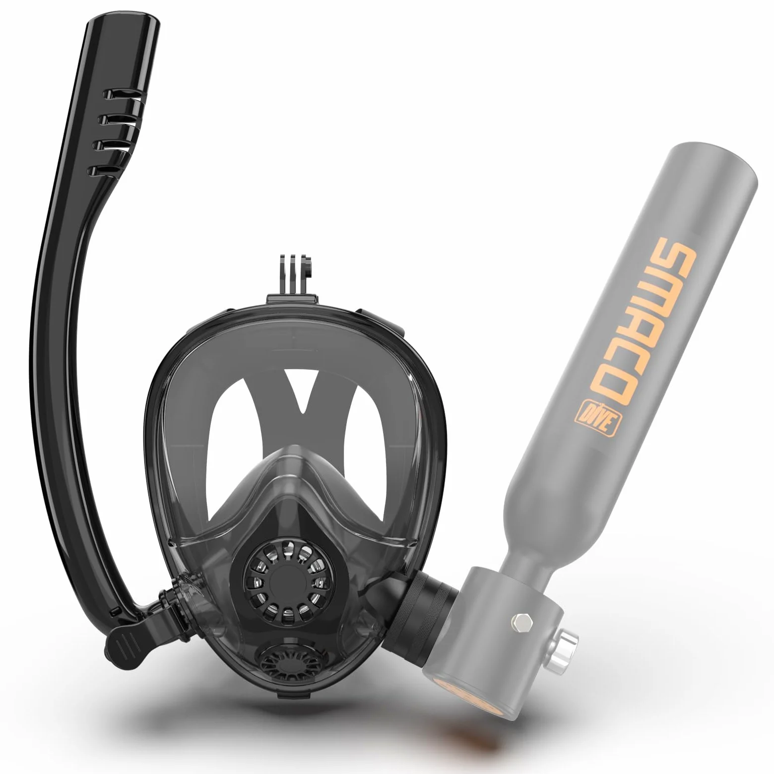 SMACO Máscara de Snorkel de Cara Completa Compatible con Mini Tanques de Buceo de 0,5L/0,7L Soporte para Cámara Tanto para Snorkel como para Bucear Dentro de 10m (Botella de Buceo no incluida)