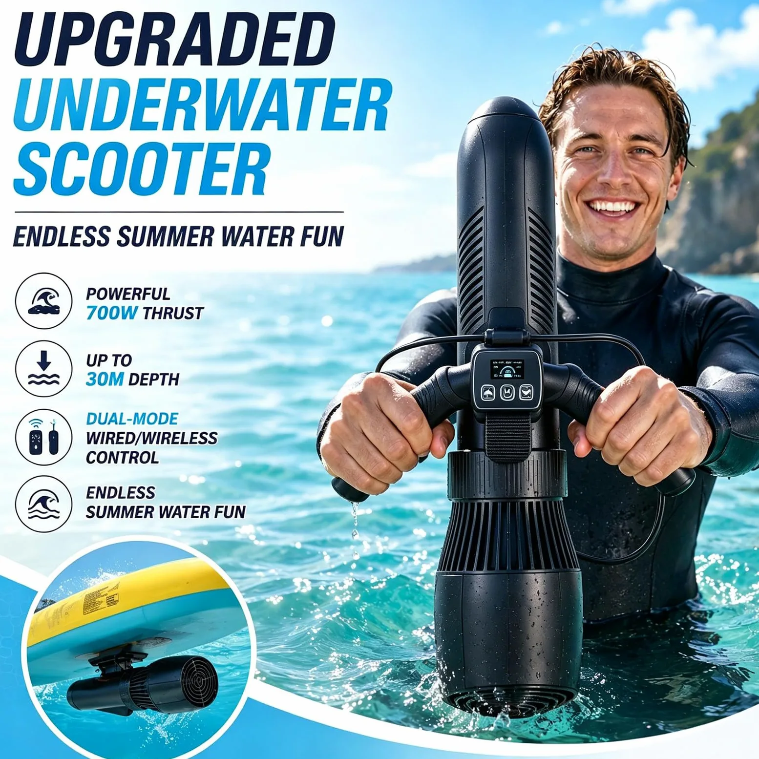 Scooter Submarino con Controlador Doble Modo y Asa de Buceo Ajustable, Profundidad 30M, Scooter Marino para Snorkel, Entrenamiento en Piscina, Tablas de SUP y Aventuras en Aguas Tranquilas 700W