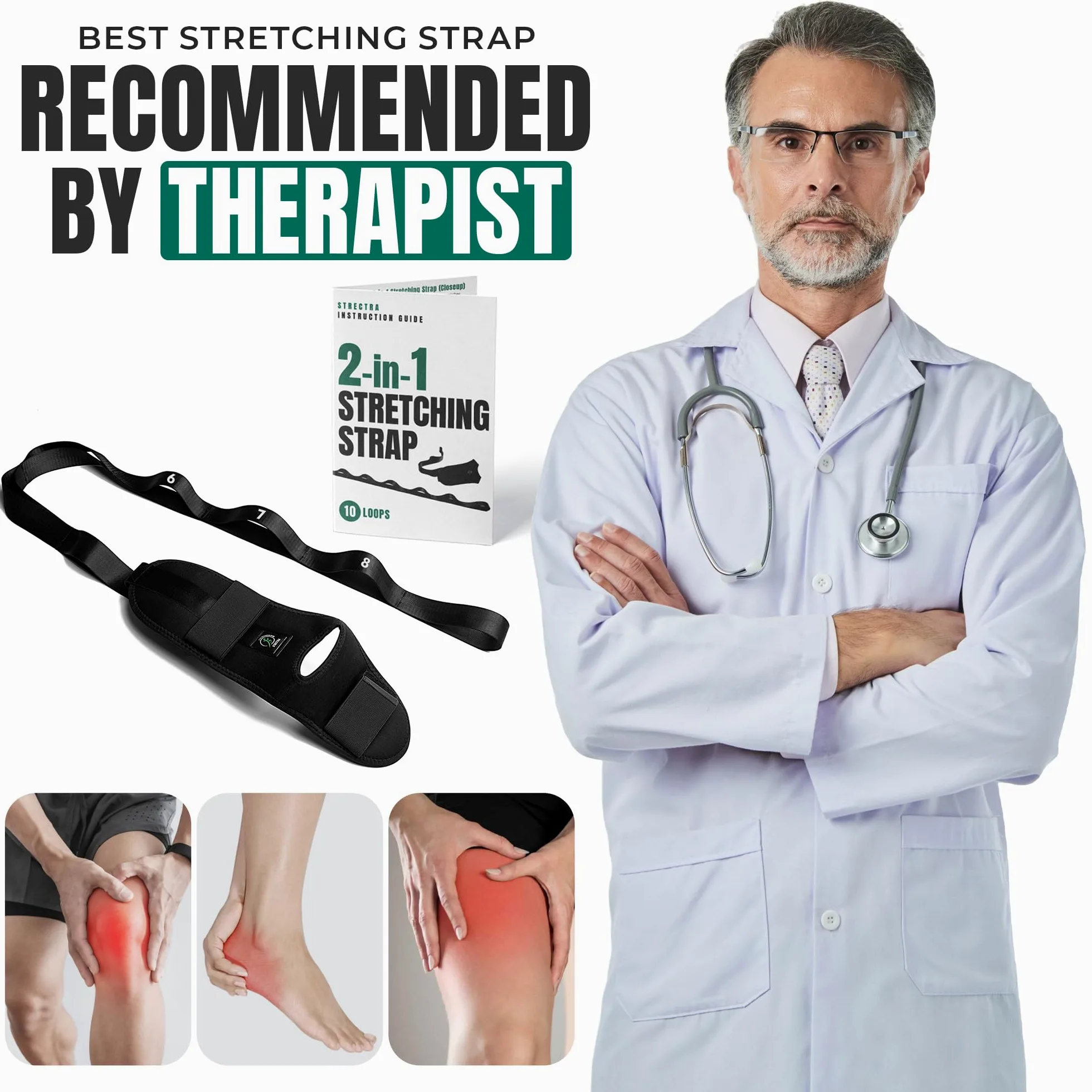 Correa de estiramiento 2 en 1 con trabillas y pie desmontable, estirador de piernas y pantorrillas para fascitis plantar, terapia física, yoga, alivio del dolor y flexibilidad