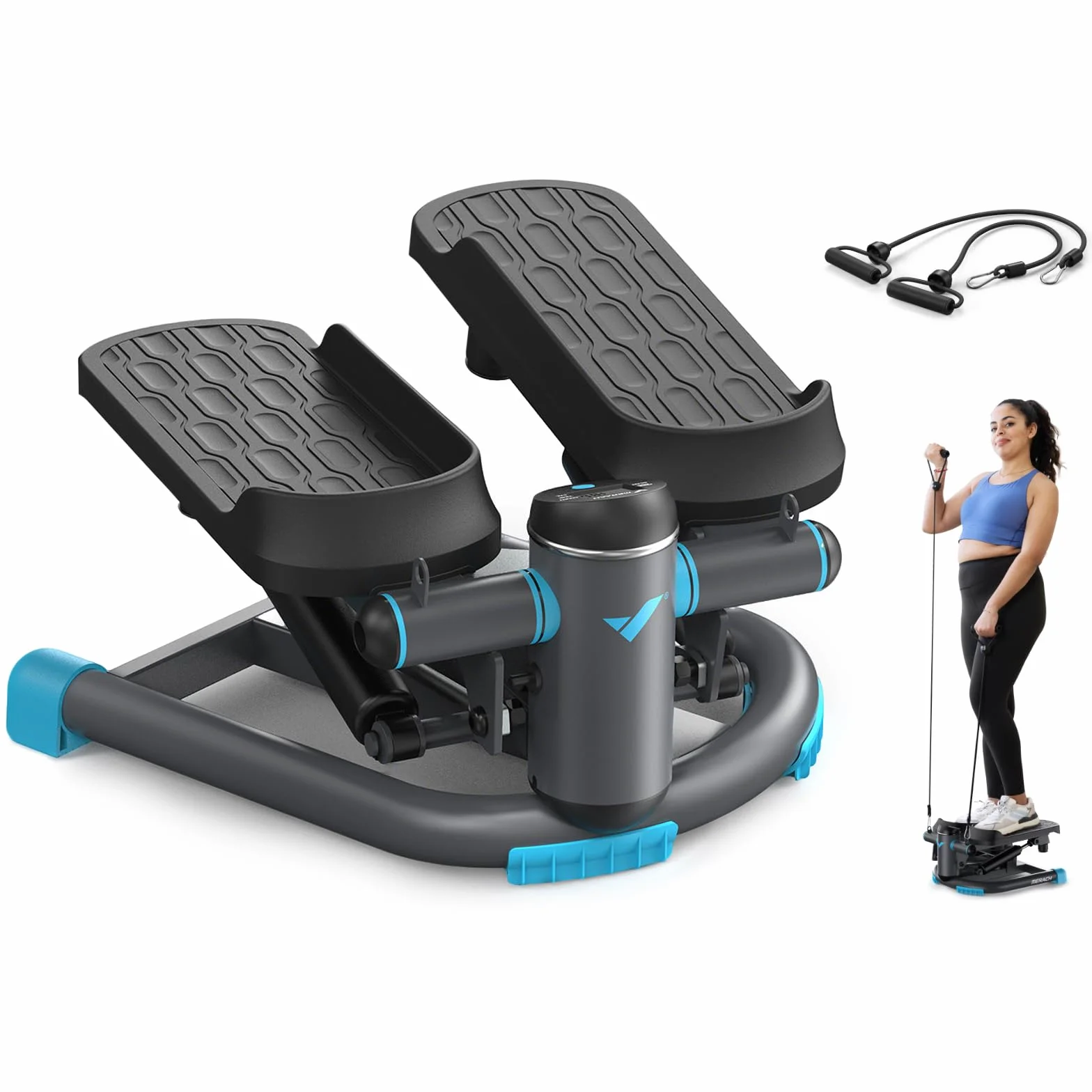 MERACH Mini Stepper Fitness Apartment,Stepper 2 en 1 para Casa,Silent Swing 150 kg con Pantalla LCD y Bandas de Resistencia,para Entrenamiento de Piernas,Brazos y Glúteos
