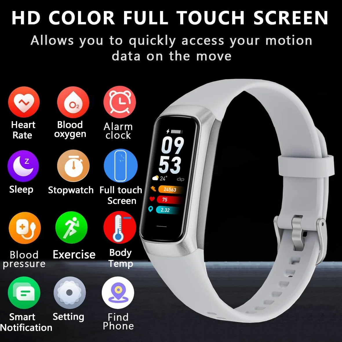 Rastreador de fitness con monitor de frecuencia cardíaca de oxígeno en sangre 24/7 y sueño, IP68 impermeable, pantalla táctil AMOLED de 1.10 pulgadas, contador de pasos, seguimiento de