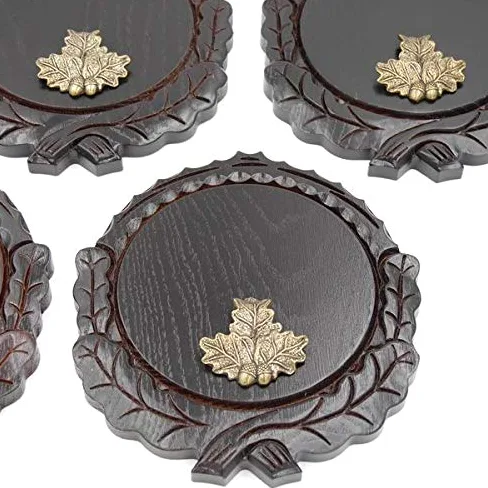 GTK - Juego de 5 placas de cuña talladas oscuras AF 16 cm con 5 hojas de roble, portada pequeña, tabla cuña, tabla de especias, placa de trofeos