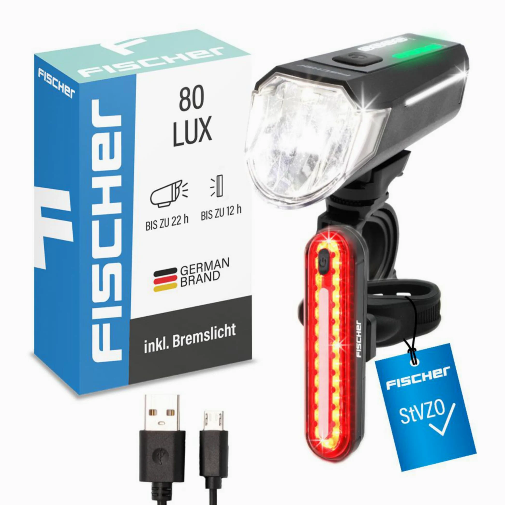 Fischer Juego de iluminación para Bicicleta 80/40/20 Lux, Juego de Luces de batería, luz Delantera y Trasera, con batería y función de Carga USB, 3 Funciones de luz, protección contra Salpicaduras
