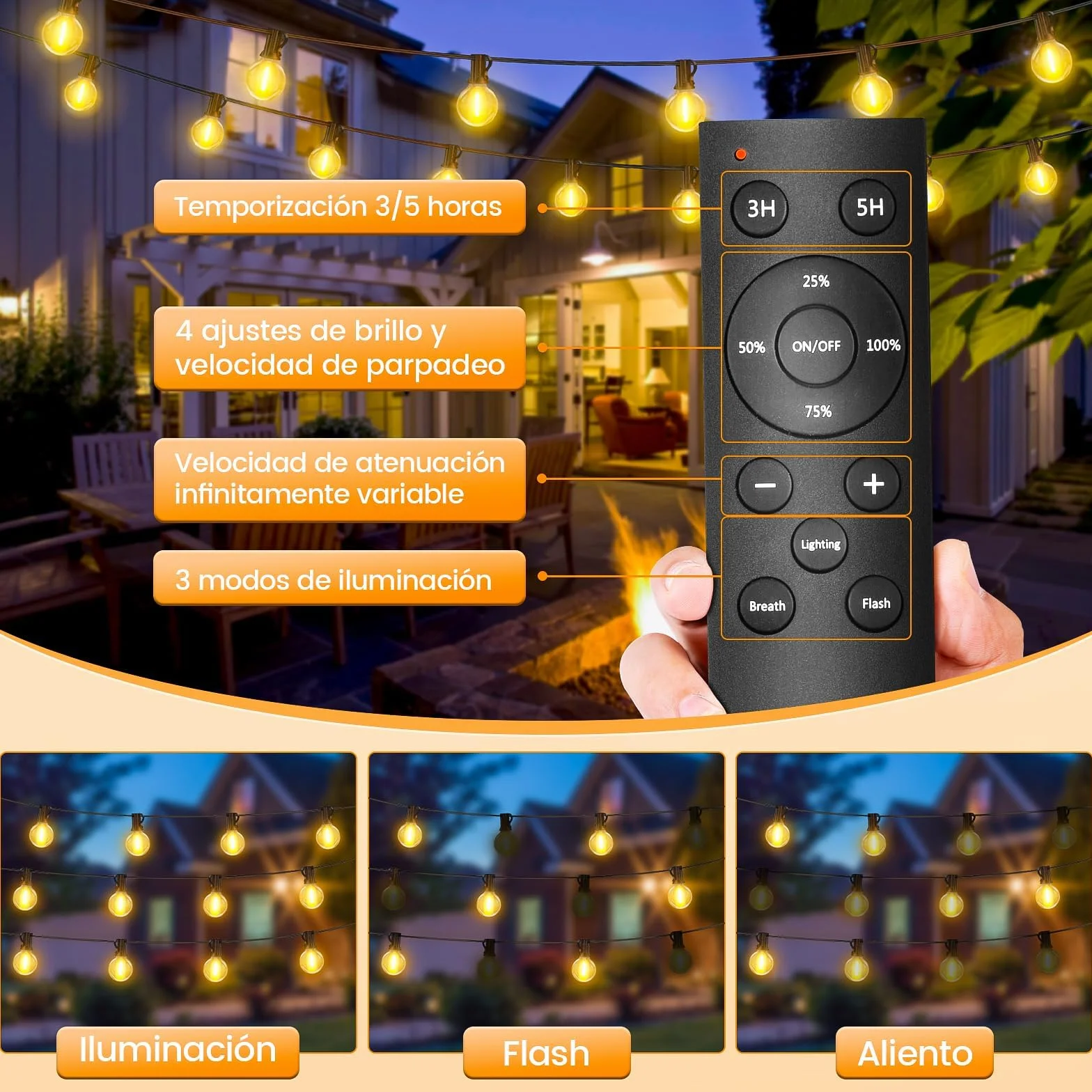Guirnaldas Luces Exterior Jardín 30M LED G40 IP44 Impermeable Dimmable