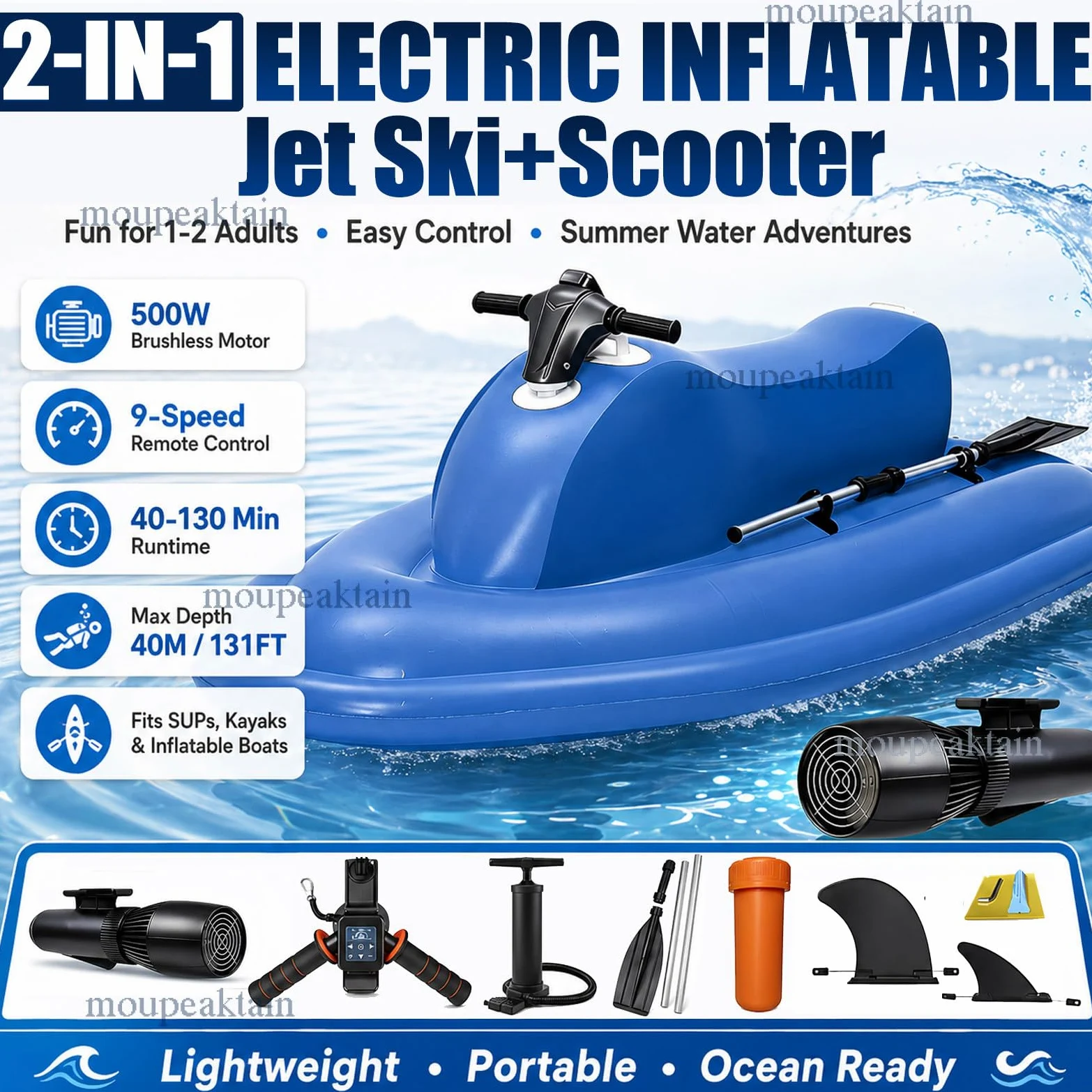 Barca Hinchable 2 Personas con Motor, Jet Ski & Scooter Submarino 500W/700W con Marcha Atrás, Velocidad 3–9 km/h, Motos Electricas Adultos, Ideal para Lago, Mar y Snorkel 16A
