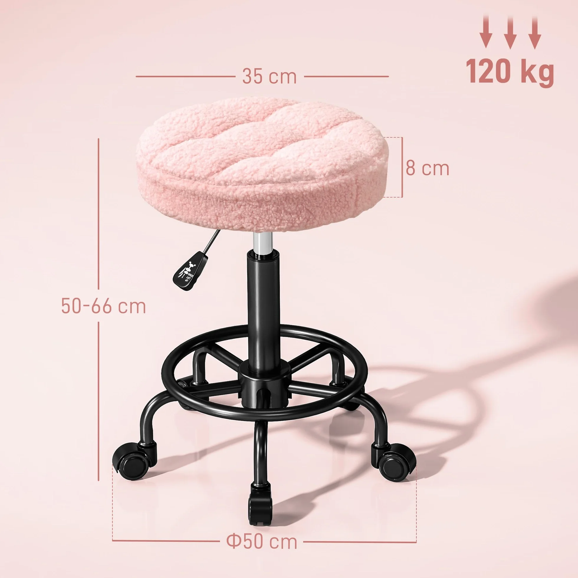 HOMCOM Taburete Giratorio Redondo con Ruedas Altura Regulable 50-66 cm Asiento Tapizado Tejido Borreguito Rosa