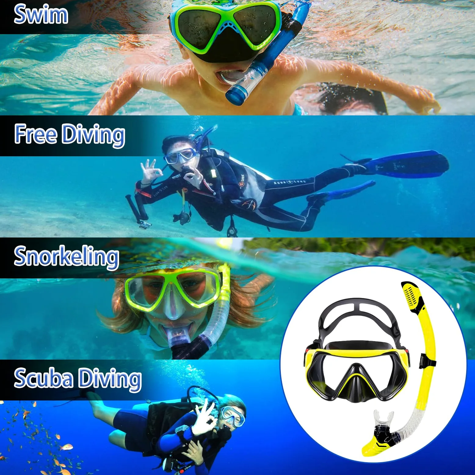 TUDIVING Equipo de Snorkel portátil para Adultos, máscara de Buceo, Snorkel y Aletas de Buceo, Juego de Tres Piezas, Equipo de Snorkel de tamaño de Viaje para Nadar, Hacer Snorkel y bucear