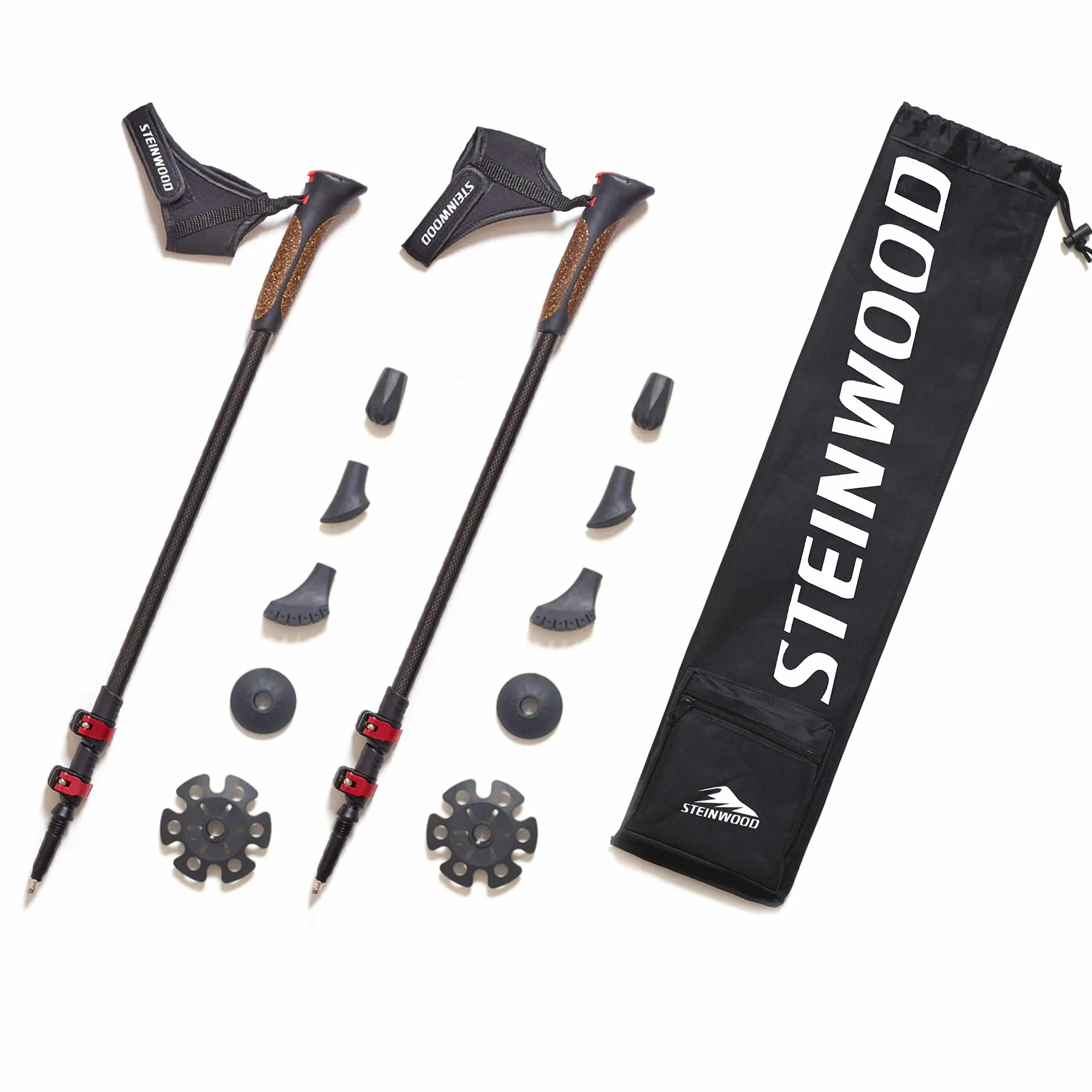 Steinwood Premium 100% Carbon Bastones de Marcha Nórdica Ajustables con telescopio y Cierre de Clip con Amortiguador de Goma Extra y Bolsa de Transporte, Multicolor