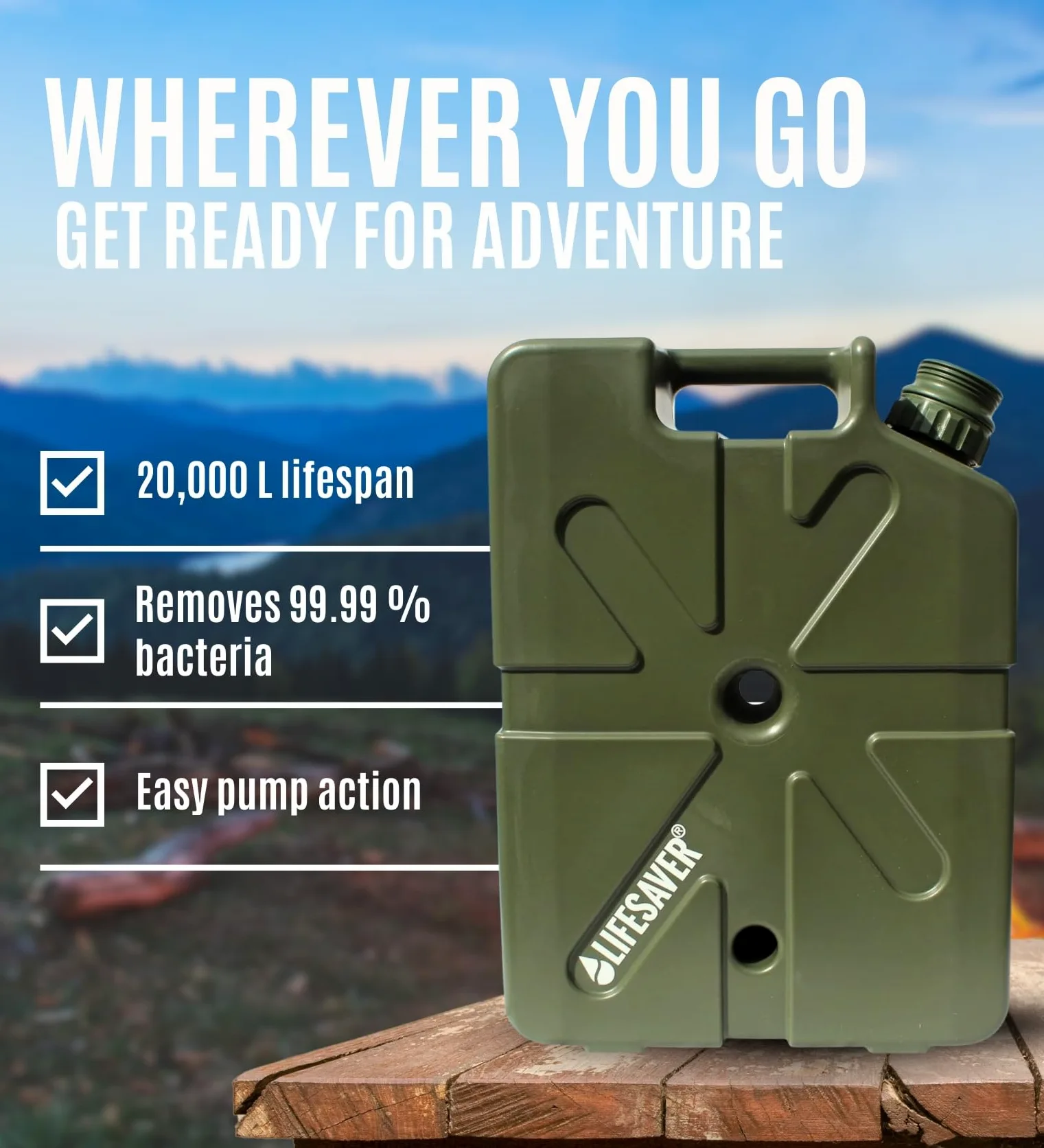 LifeSaver® Jerrycan (verde) | Purificador de agua - hasta 20.000 litros | Camping, Overlanding, Vanlife, Caravanning y preparación para emergencias..