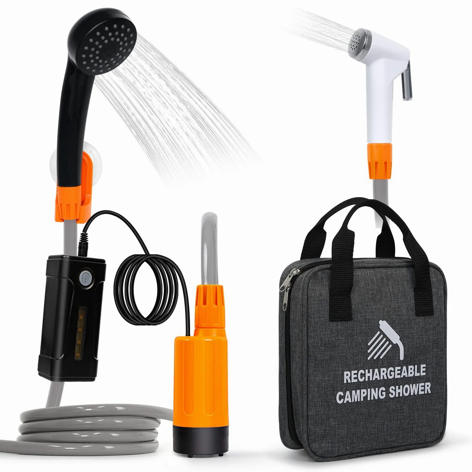 Ducha de camping portátil,luz LED,carga USB,bolsa de transporte portátil,bomba de ducha eléctrica,Con cabeza de ducha y aspersor,adecuada para senderismo/camping,playa,mascotas,al aire libre