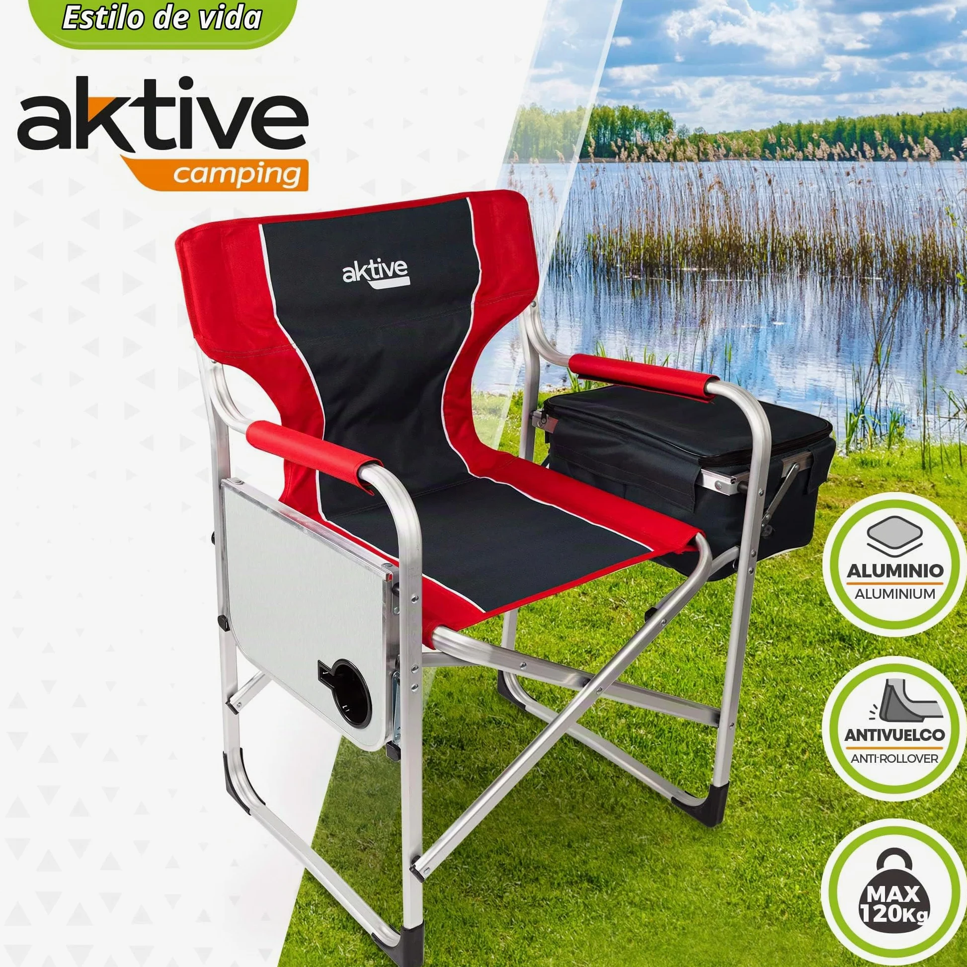 AKTIVE 63000 - Silla Plegable Camping portátil con Soporte ara Botellas y Bolsa térmica, Silla Camping Plegable 61x48x92,5cm, Resistente y Ligera, Silla Director Plegable antivuelco