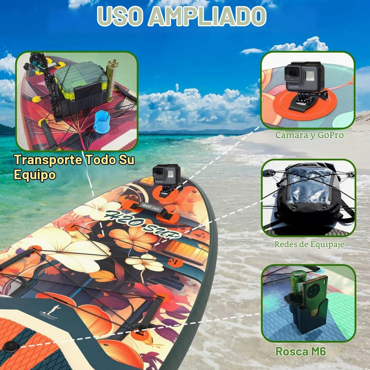 Tablas de remo inflables, extra anchas para principiantes, tabla de surf de pie súper estable con accesorios de primera calidad, 15 anillos en D, 5 asas, soporte de cámara, jóvenes y adultos
