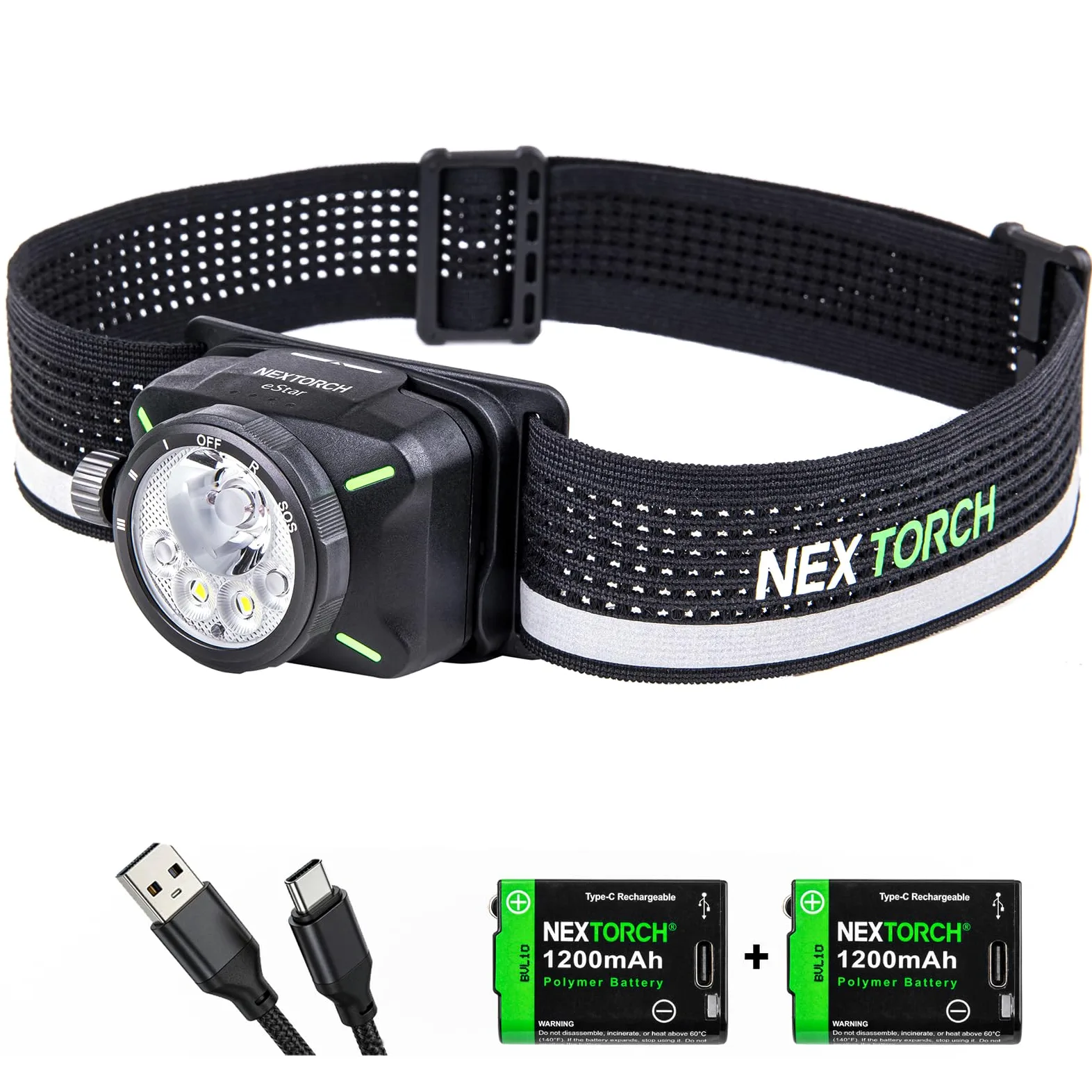 NEXTORCH eStar - Linterna frontal de 1300 lúmenes, LED recargable, ultraligera con luz roja, diadema impermeable para exteriores, camping, senderismo, correr, correr y trabajar, 2 baterías de 1200 mAh
