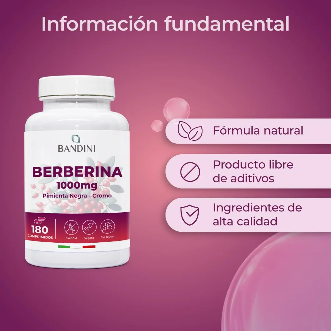 Bandini Berberina 1000mg 180 comprimidos veganos Berberis Aristata 97% Cromo Pimienta Negra