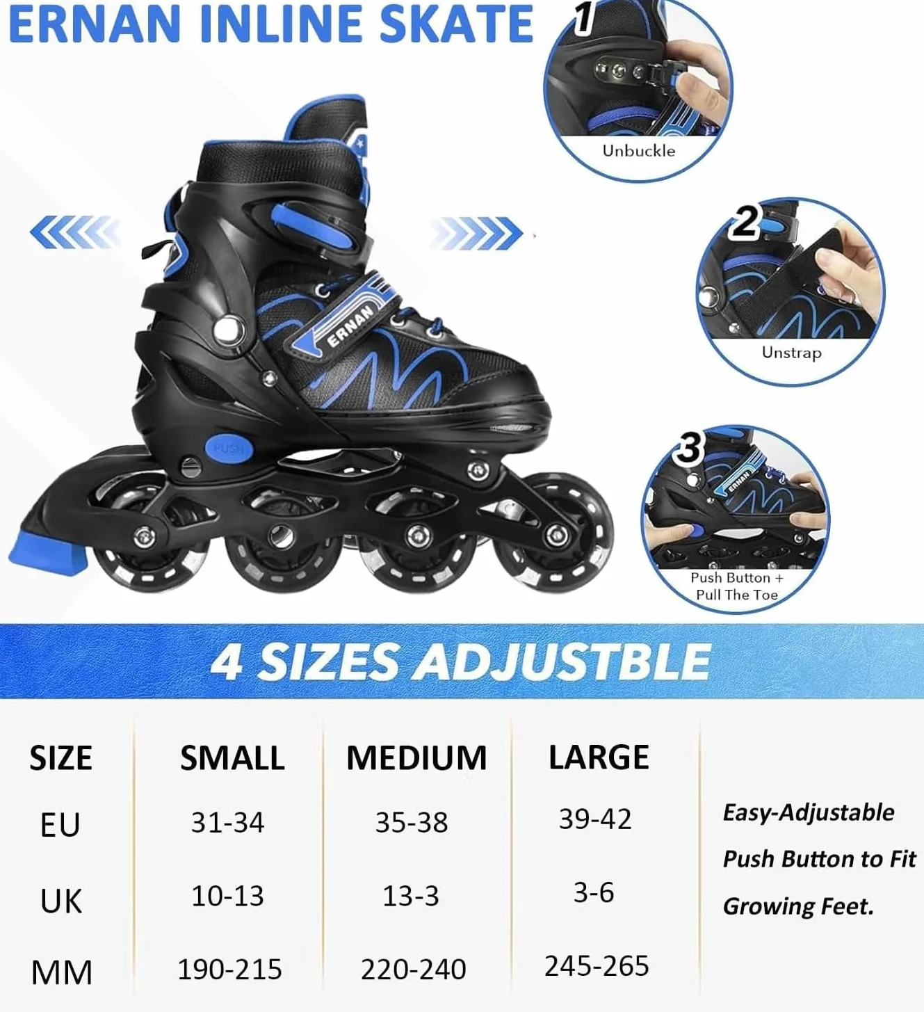 ERNAN Patines en línea ajustables para niños con ruedas de iluminación
