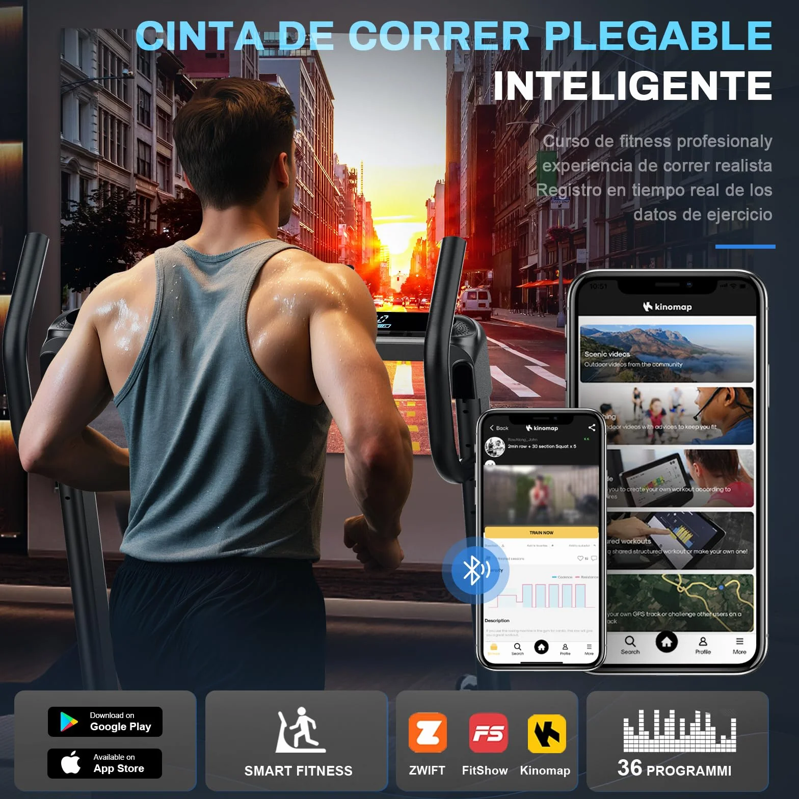 Cinta de Correr Plegable Profesional con App, Motor 7 CV 18 km/h, Inclinación Automática 20 Niveles, Máquina de Correr para Gimnasio en Casa, Carga 180 kg, Bluetooth, Silenciosa, Pantalla LED
