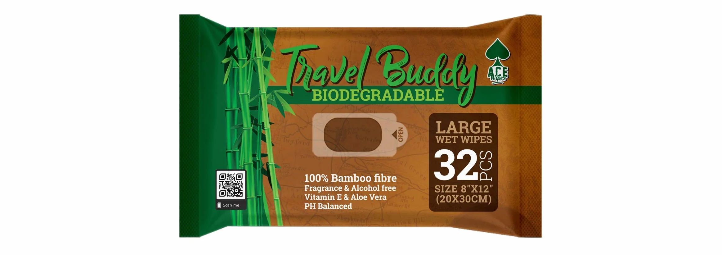 Ace Wipes Travel Buddy Toallitas húmedas de bambú biodegradables grandes 32 toallitas