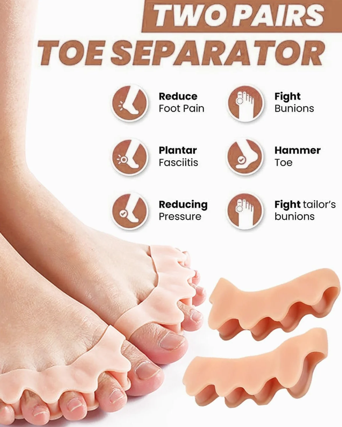 Separadores de Dedos de Los Pies Unisex para Yoga, Corrección de Juanetes y Dedos Superpuestos (2 Pares, Beige)