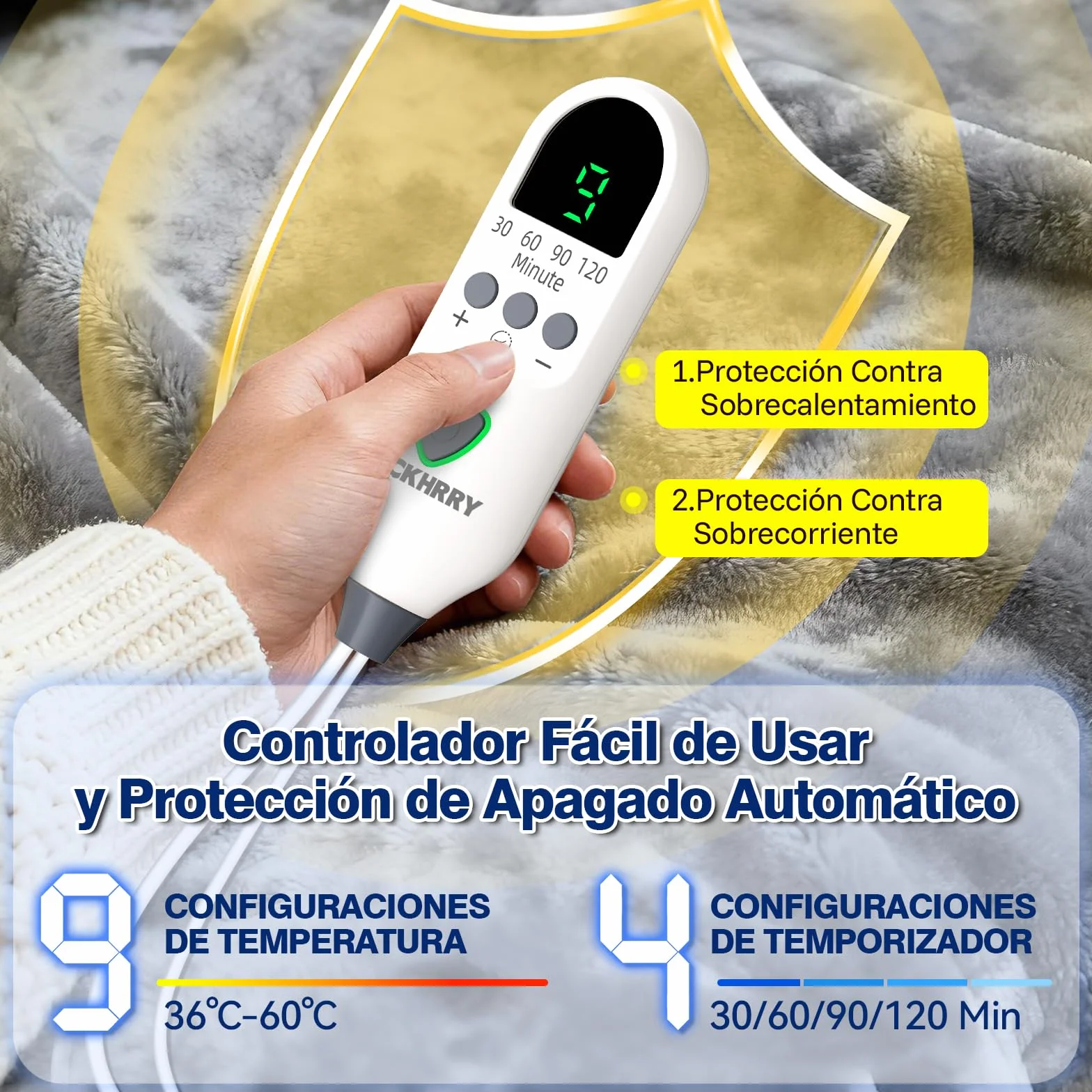 Almohadilla Térmica Eléctrica 60×100cm 9 Niveles de Calor Apagado Automático Calentamiento Rápido Franela