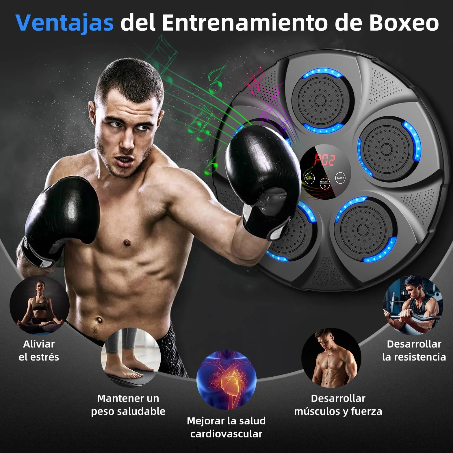 Máquina de Boxeo Musical Electrónico Profesional con Guantes Bluetooth 9 Velocidades Negro