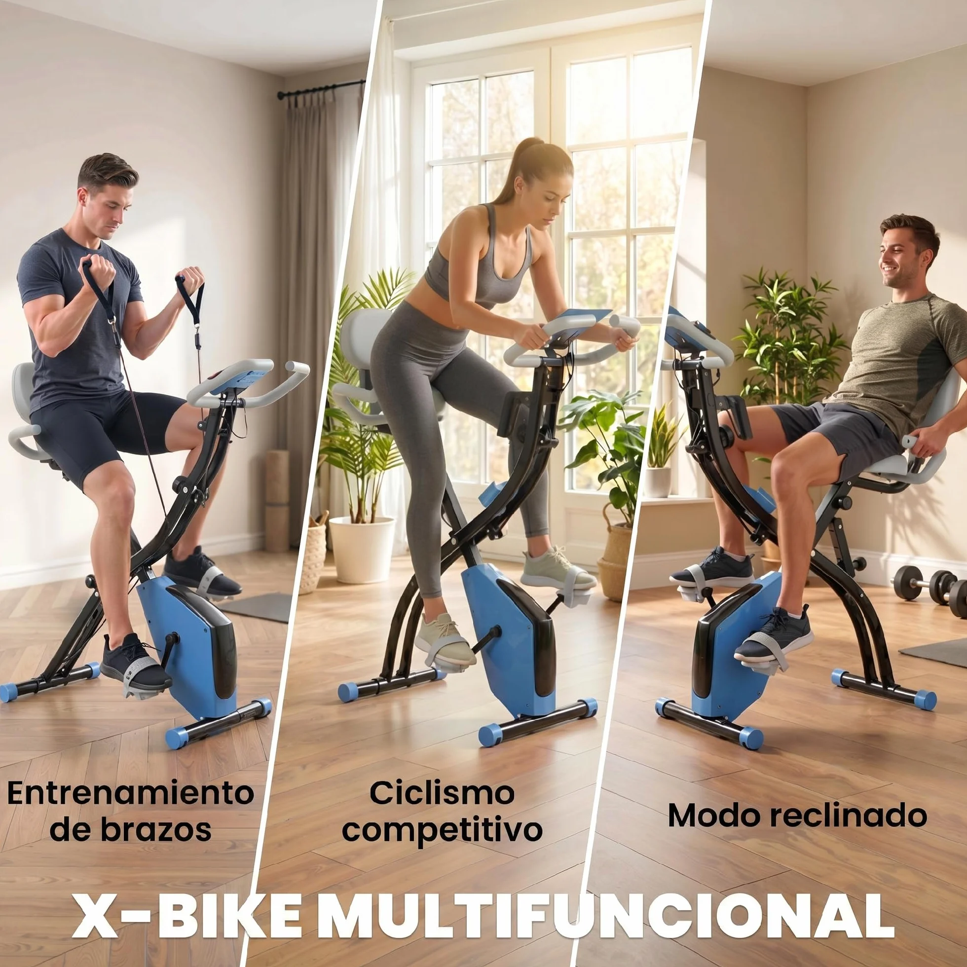 HOMCOM Bicicleta Estática Plegable 3 en 1 con Respaldo y 8 Niveles Resistencia Magnética, Bicicleta Estática para Casa Ajustable con Monitor LCD Volante Banda Sensor de Pulso Soporte de Teléfono