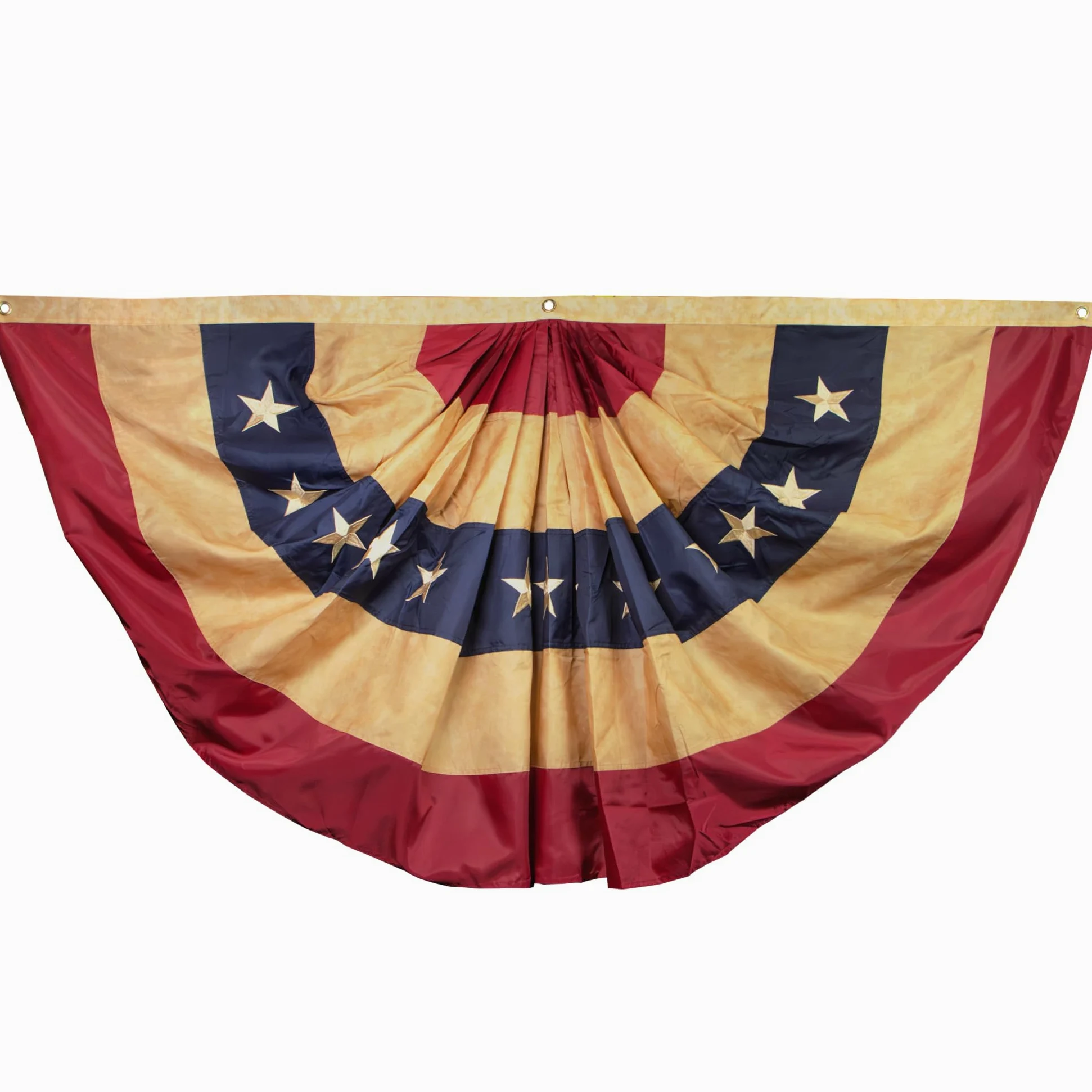 ANLEY Bandera de abanico plisada de EE. UU. Teñida con té de estilo vintage Nylon de 3 x 6 pies - Estrellas bordadas y rayas cosidas - 4 hileras de costuras de bloqueo - Banderas de abanico